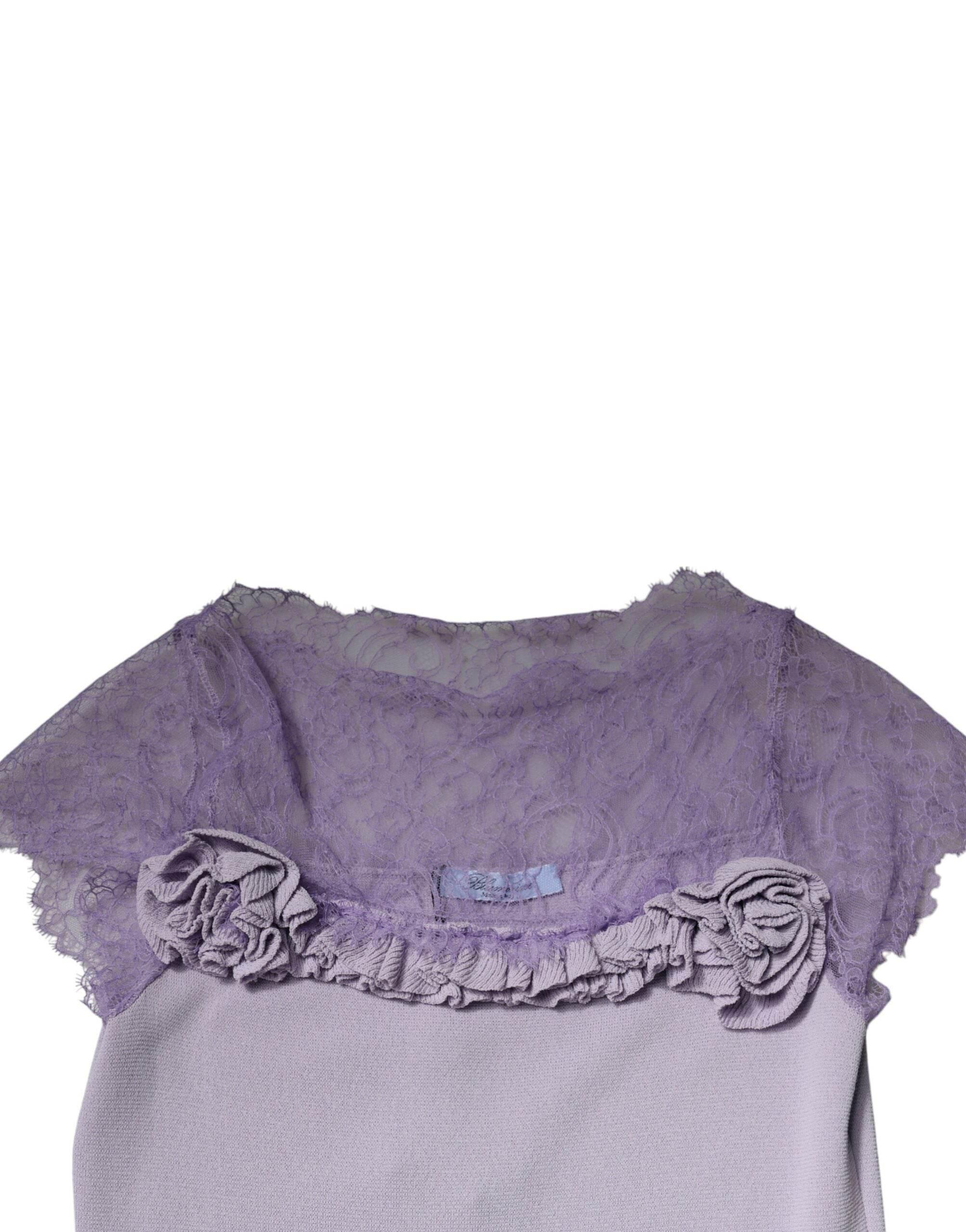 Blumarine Purple Short Sleeves Floral Lace Trim A-line Midi Dress - Hilstor