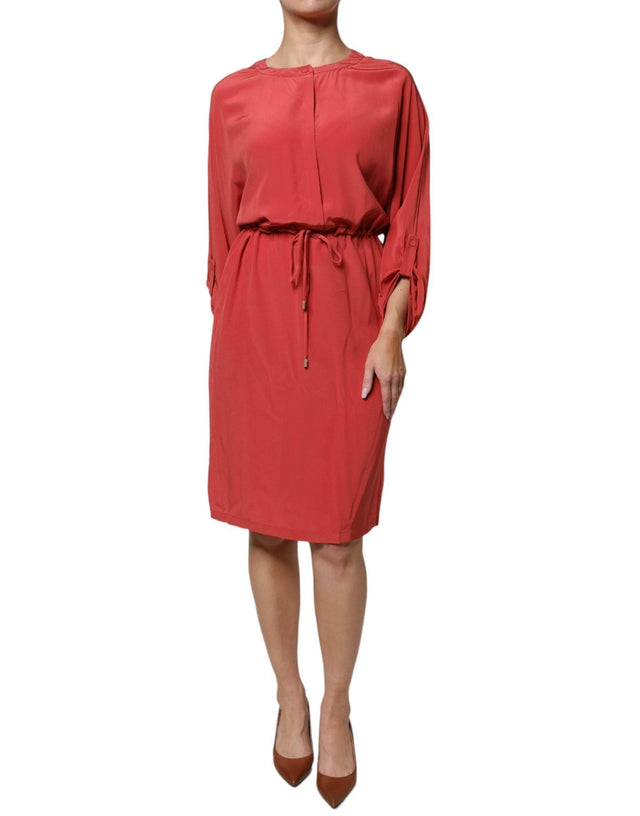 Peserico Red Long Sleeves Pencil Cut Drawstring Waist Dress - Hilstor