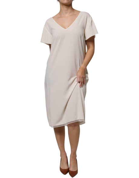 Peserico Off White Short Sleeves V-neck Shift Midi Dress - Hilstor