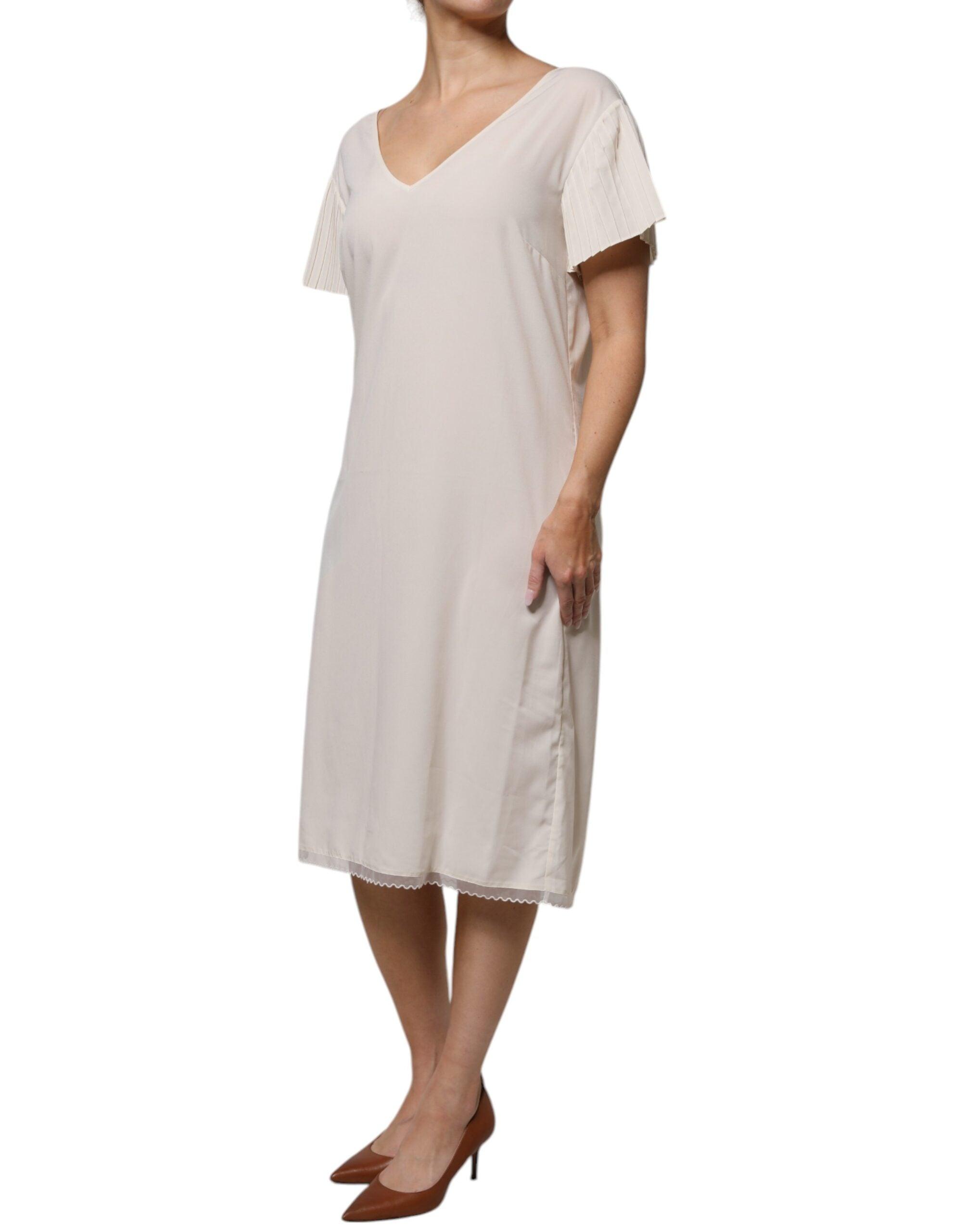Peserico Off White Short Sleeves V-neck Shift Midi Dress - Hilstor