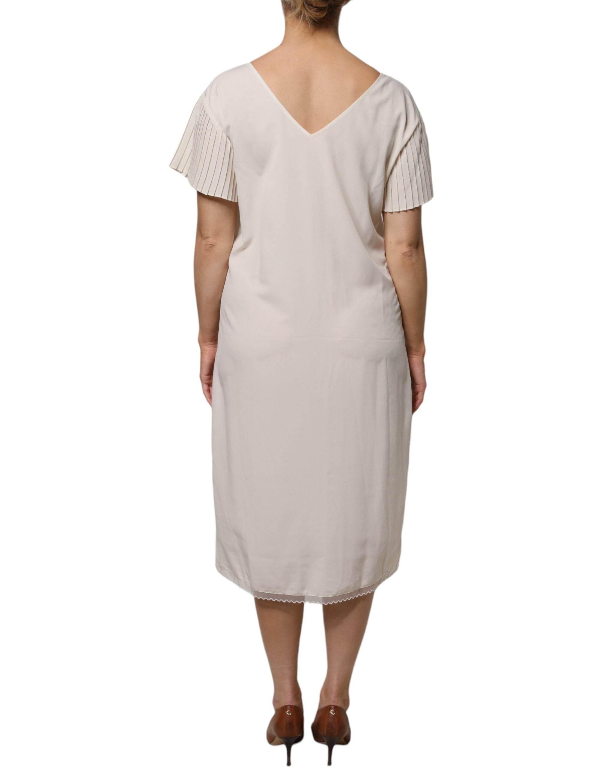 Peserico Off White Short Sleeves V-neck Shift Midi Dress - Hilstor