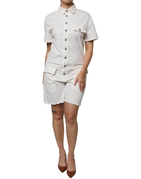 Please White Cotton Short Sleeves Button Down Romper Dress - Hilstor