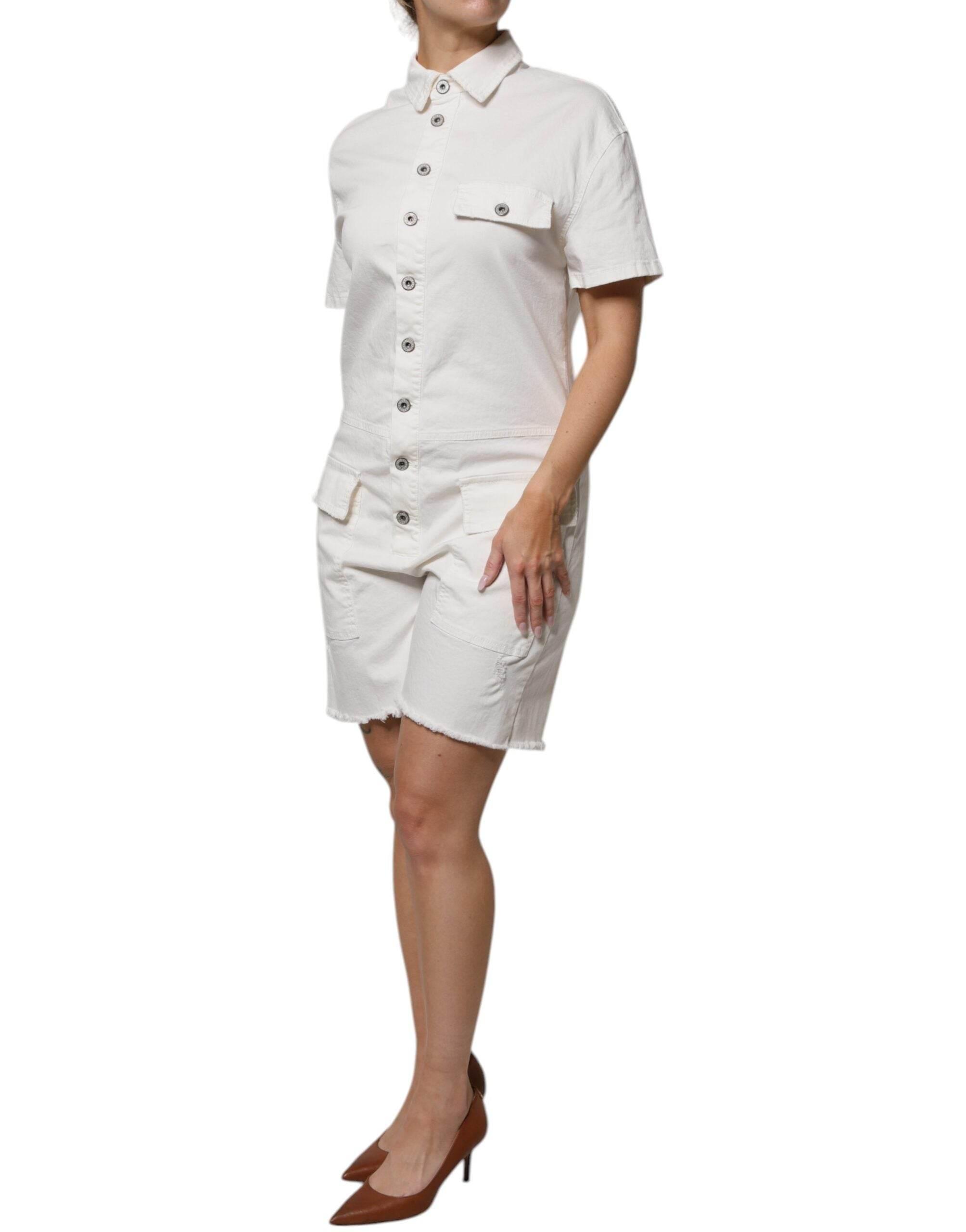 Please White Cotton Short Sleeves Button Down Romper Dress - Hilstor
