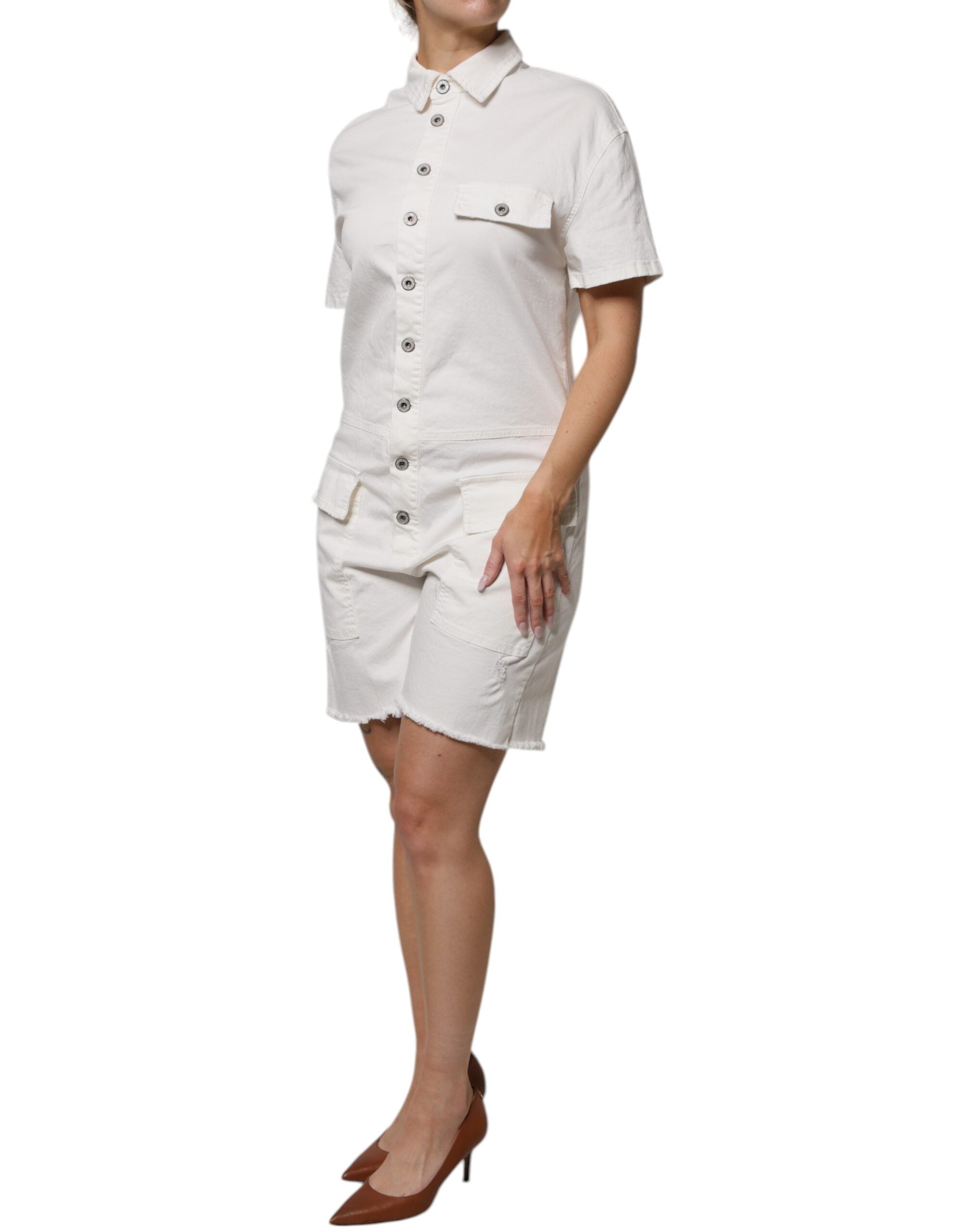 Venligst hvid bomuld korte ærmer Button Down Romper Kjole