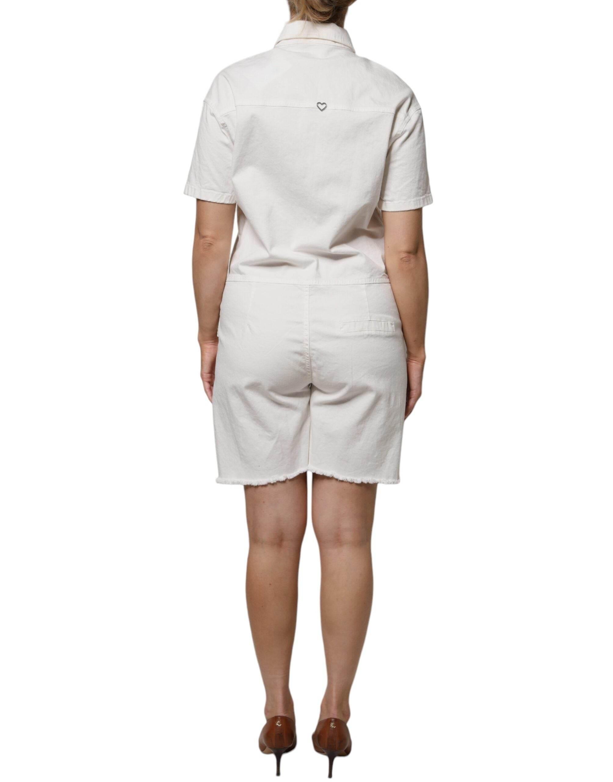 Please White Cotton Short Sleeves Button Down Romper Dress - Hilstor