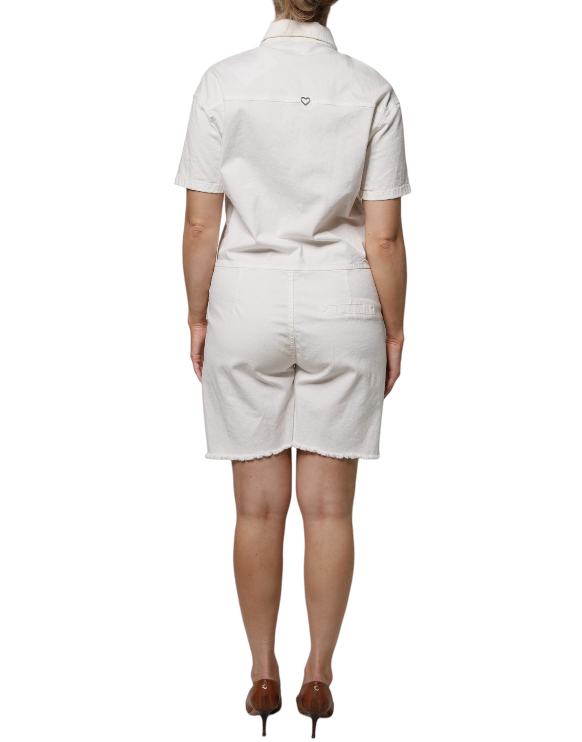 Venligst hvid bomuld korte ærmer Button Down Romper Kjole