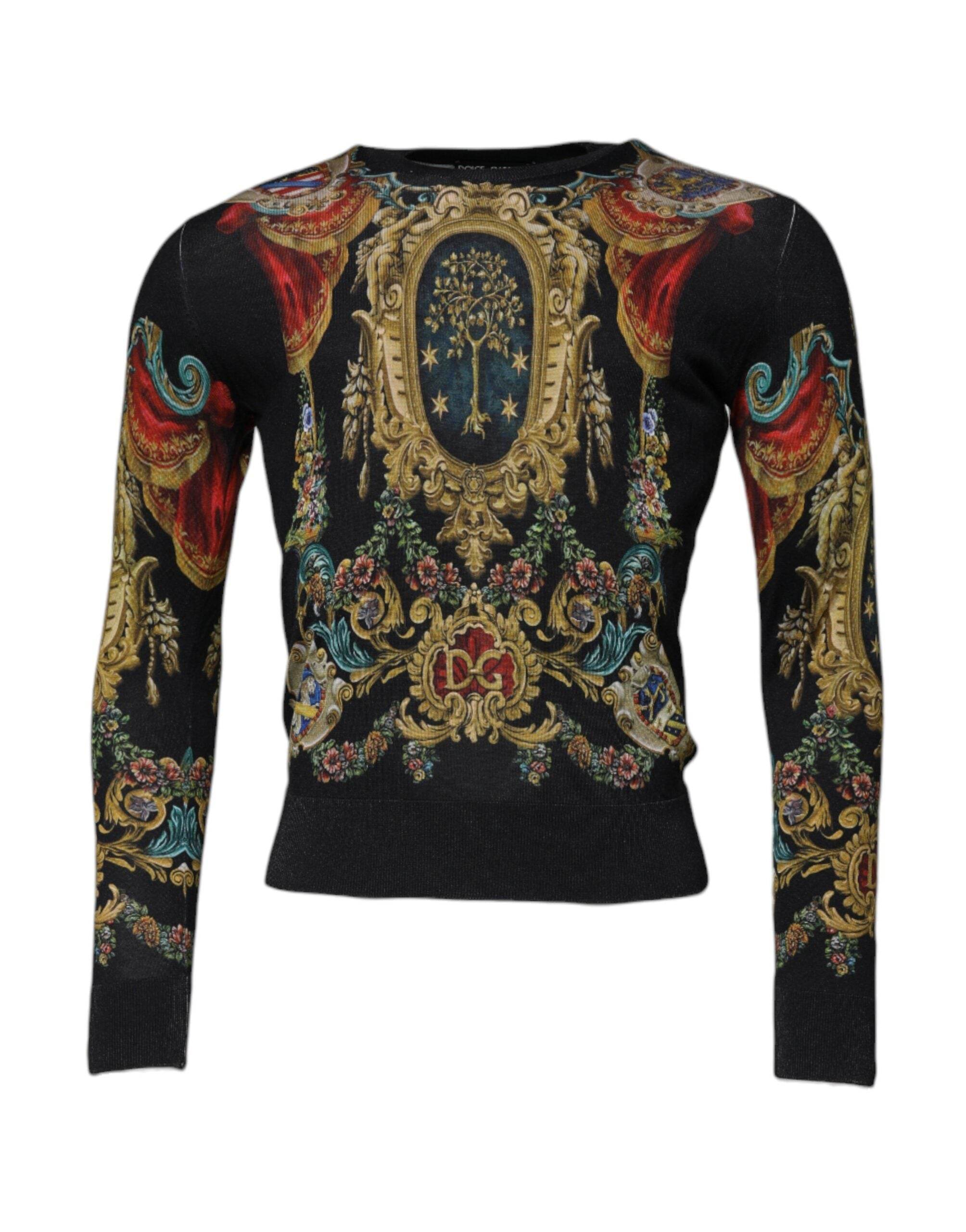 Dolce & Gabbana Black Heraldic DG Silk Round Neck Pullover Sweater - Hilstor