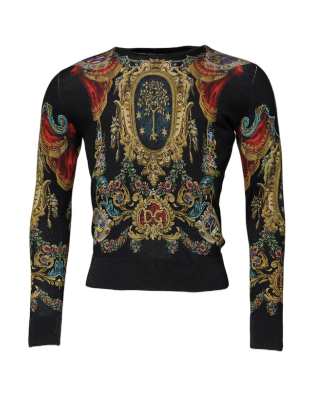 Dolce & Gabbana Black Heraldic DG Silk Round Neck Pullover Sweater - Hilstor