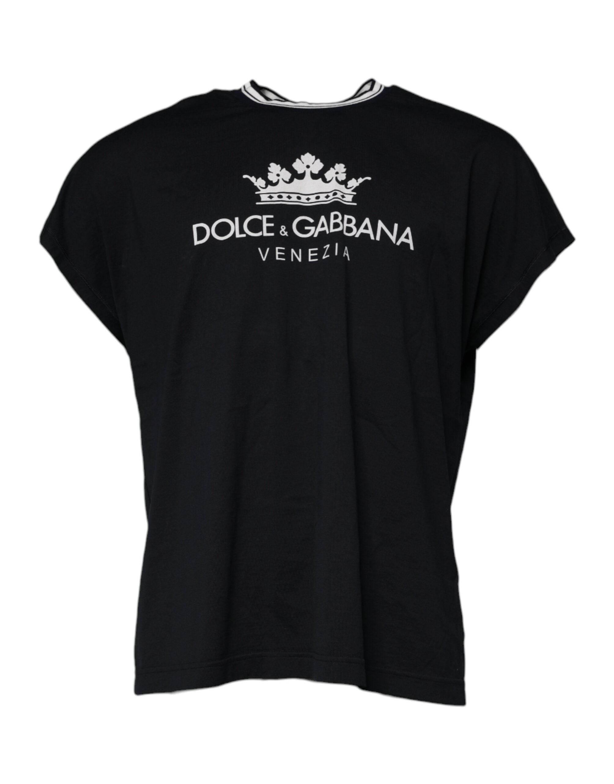 Dolce & Gabbana Dark Blue Logo Crown Cotton Crew Neck T-shirt - Hilstor