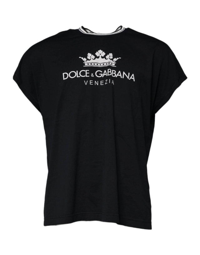Dolce & Gabbana Dark Blue Logo Crown Cotton Crew Neck T-shirt - Hilstor