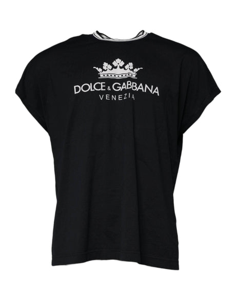 Dolce & Gabbana Dark Blue Logo Crown Cotton Crew Neck T-shirt - Hilstor