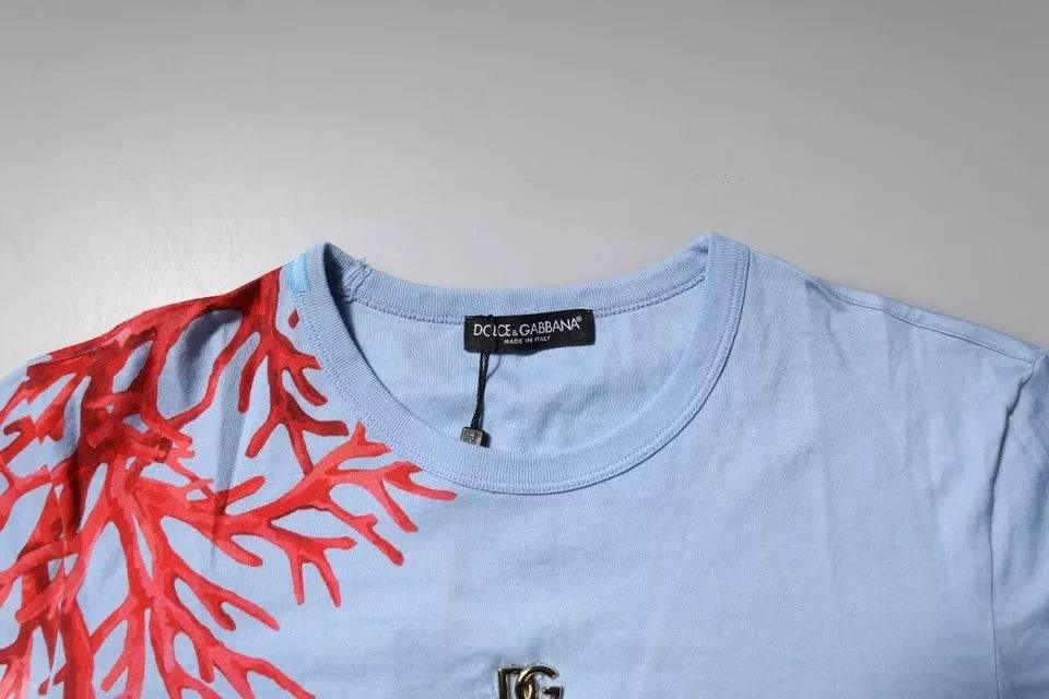 Dolce & Gabbana Light Blue Coral Cotton Men Crew Neck T-shirt - Hilstor