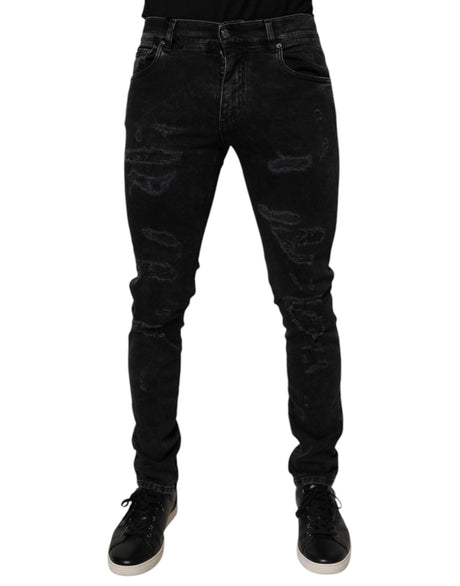 Dolce & Gabbana Black Tattered Cotton Skinny Men Denim Jeans - Hilstor