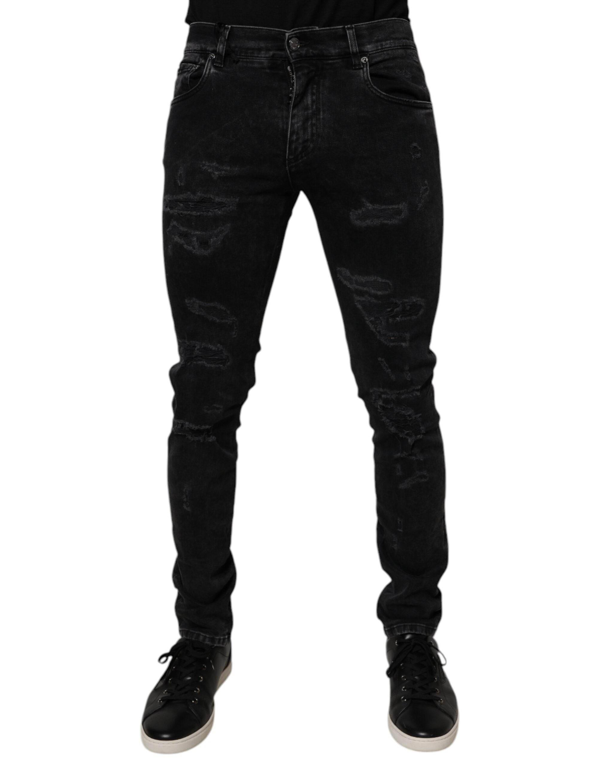 Dolce & Gabbana Black Tattered Cotton Skinny Men Denim Jeans - Hilstor