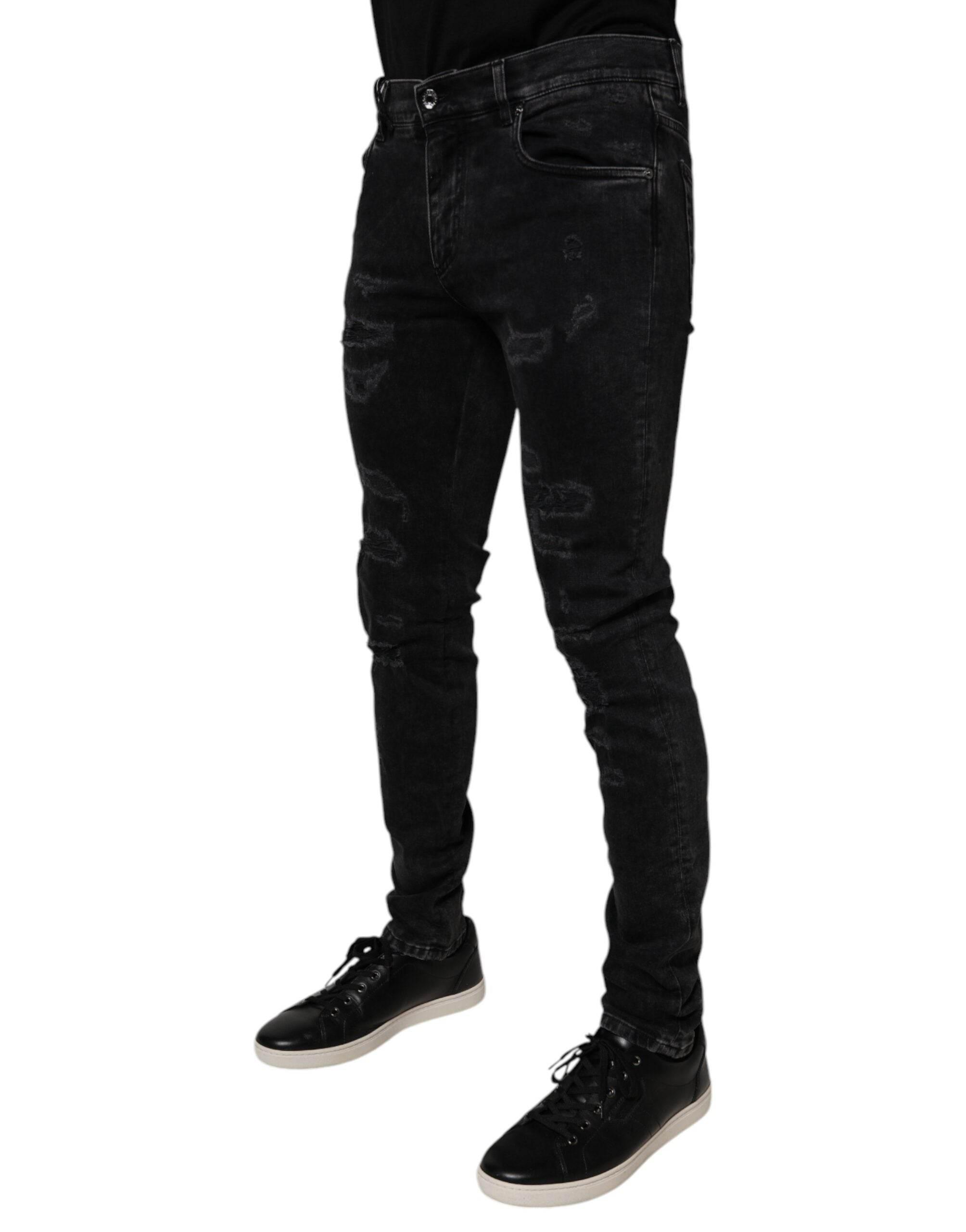 Dolce & Gabbana Black Tattered Cotton Skinny Men Denim Jeans - Hilstor