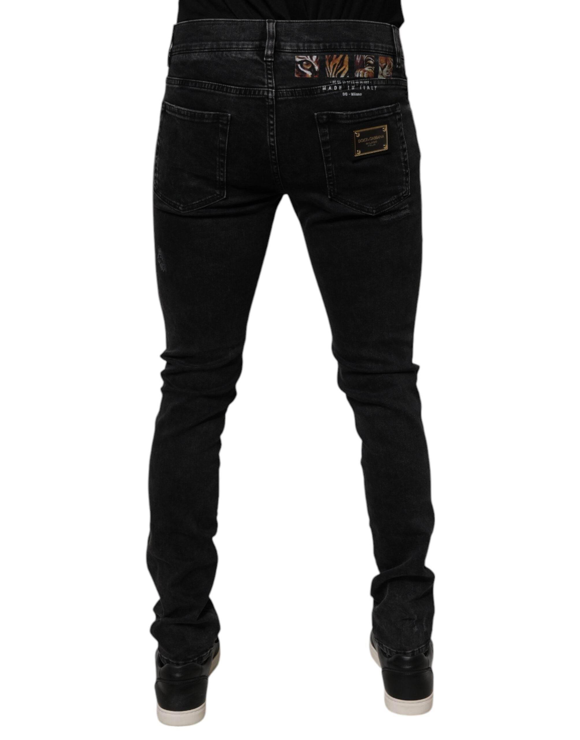 Dolce & Gabbana Black Tattered Cotton Skinny Men Denim Jeans - Hilstor