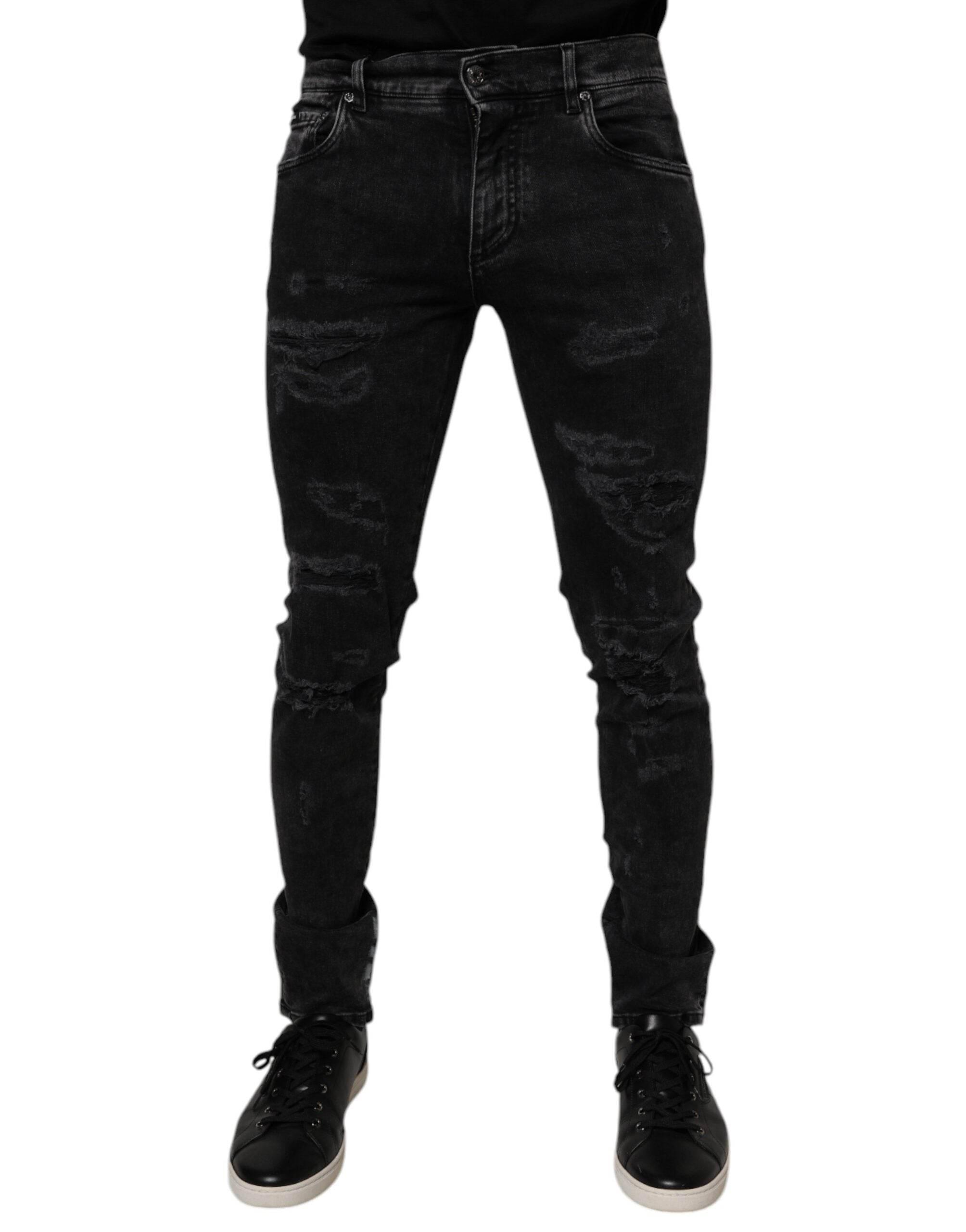 Dolce & Gabbana Black Tattered Cotton Skinny Men Denim Jeans - Hilstor