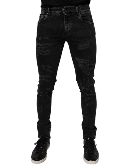 Dolce & Gabbana Black Tattered Cotton Skinny Men Denim Jeans - Hilstor