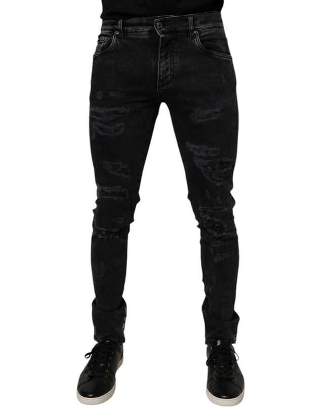 Dolce & Gabbana Black Tattered Cotton Skinny Men Denim Jeans - Hilstor