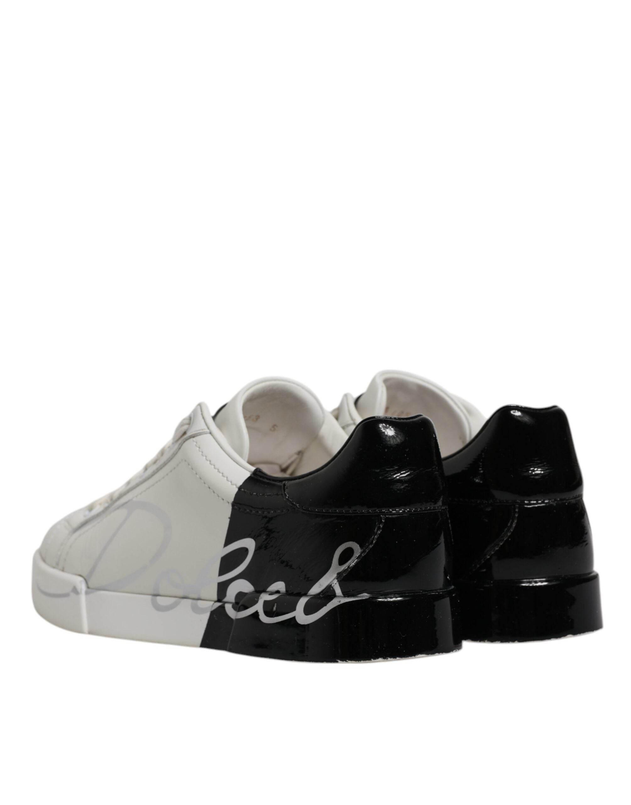 Dolce & Gabbana White Black Logo Portofino Men Sneaker Shoes - Hilstor