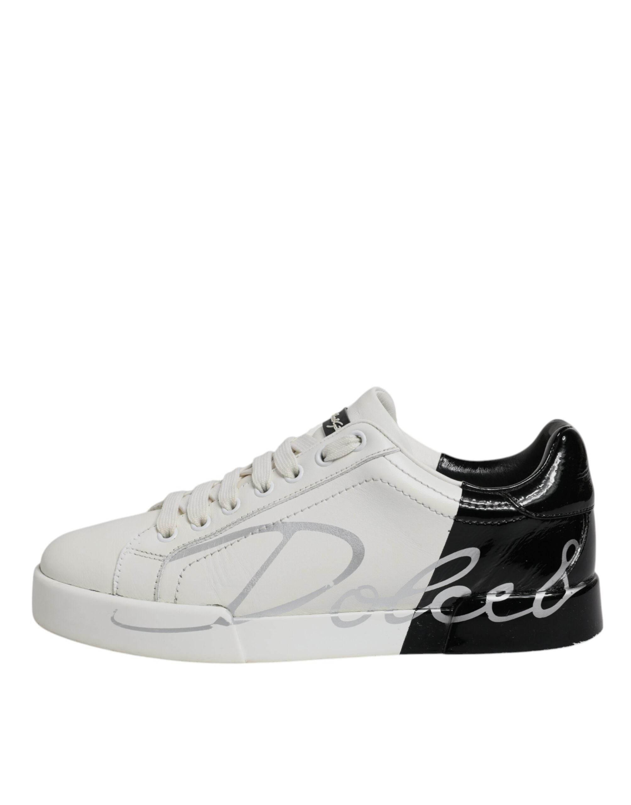Dolce & Gabbana White Black Logo Portofino Men Sneaker Shoes - Hilstor
