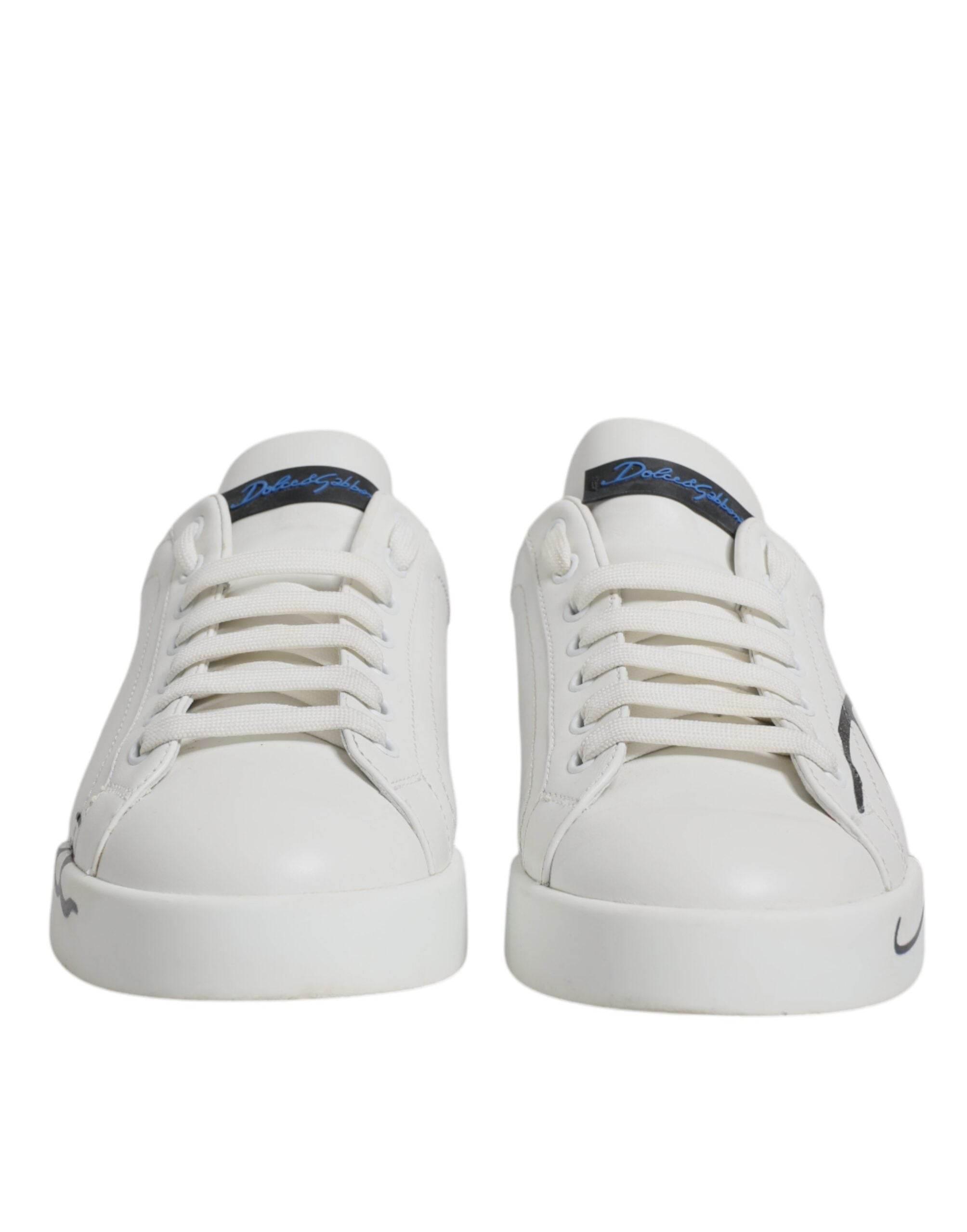 Dolce & Gabbana White Blue Logo Leather Portofino Sneaker Shoes - Hilstor