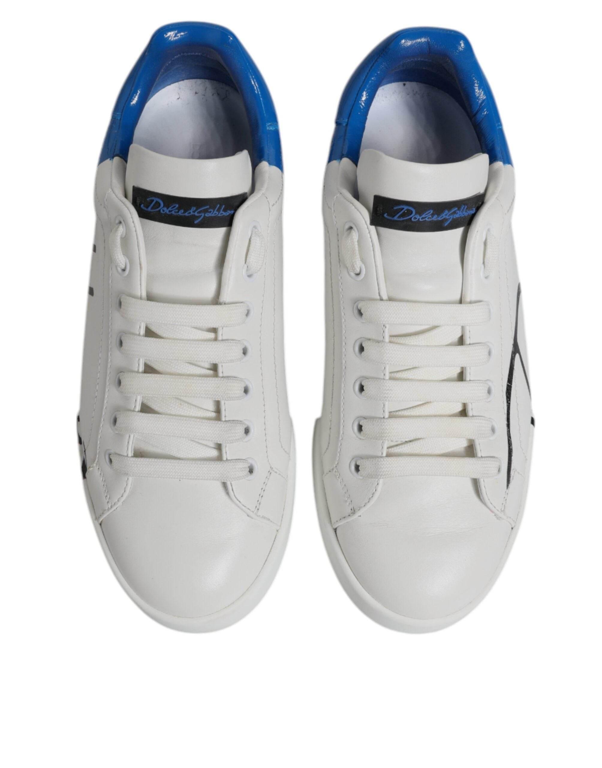 Dolce & Gabbana White Blue Logo Leather Portofino Sneaker Shoes - Hilstor