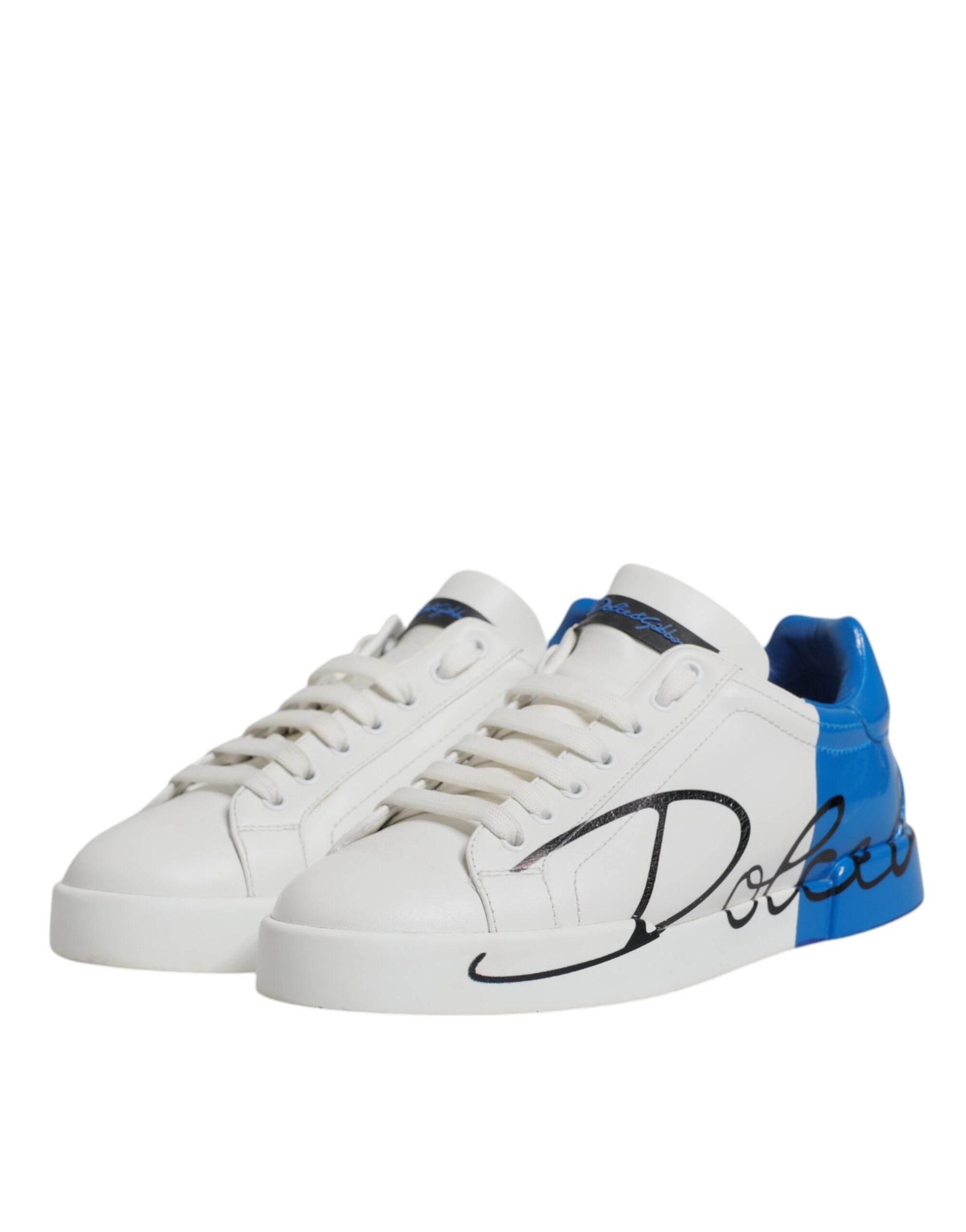 Dolce & Gabbana White Blue Logo Leather Portofino Sneaker Shoes - Hilstor