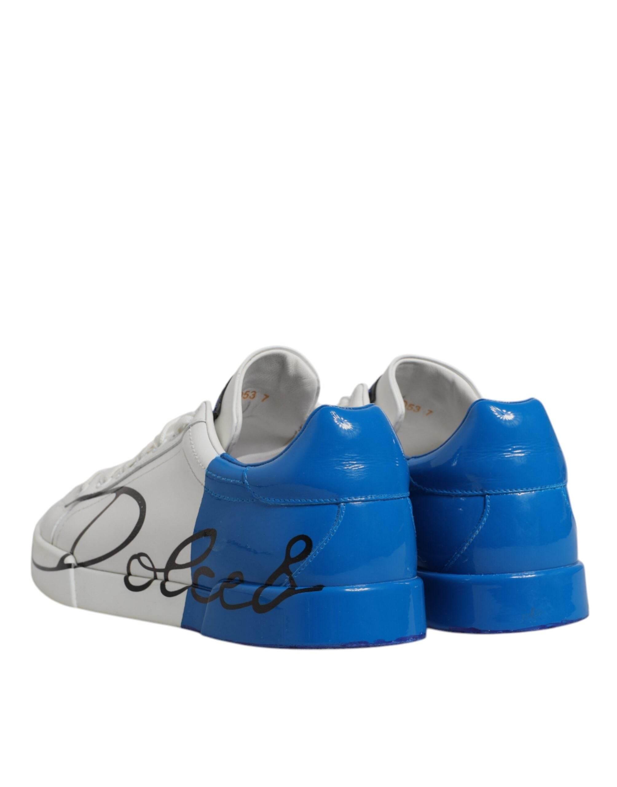 Dolce & Gabbana White Blue Logo Leather Portofino Sneaker Shoes - Hilstor