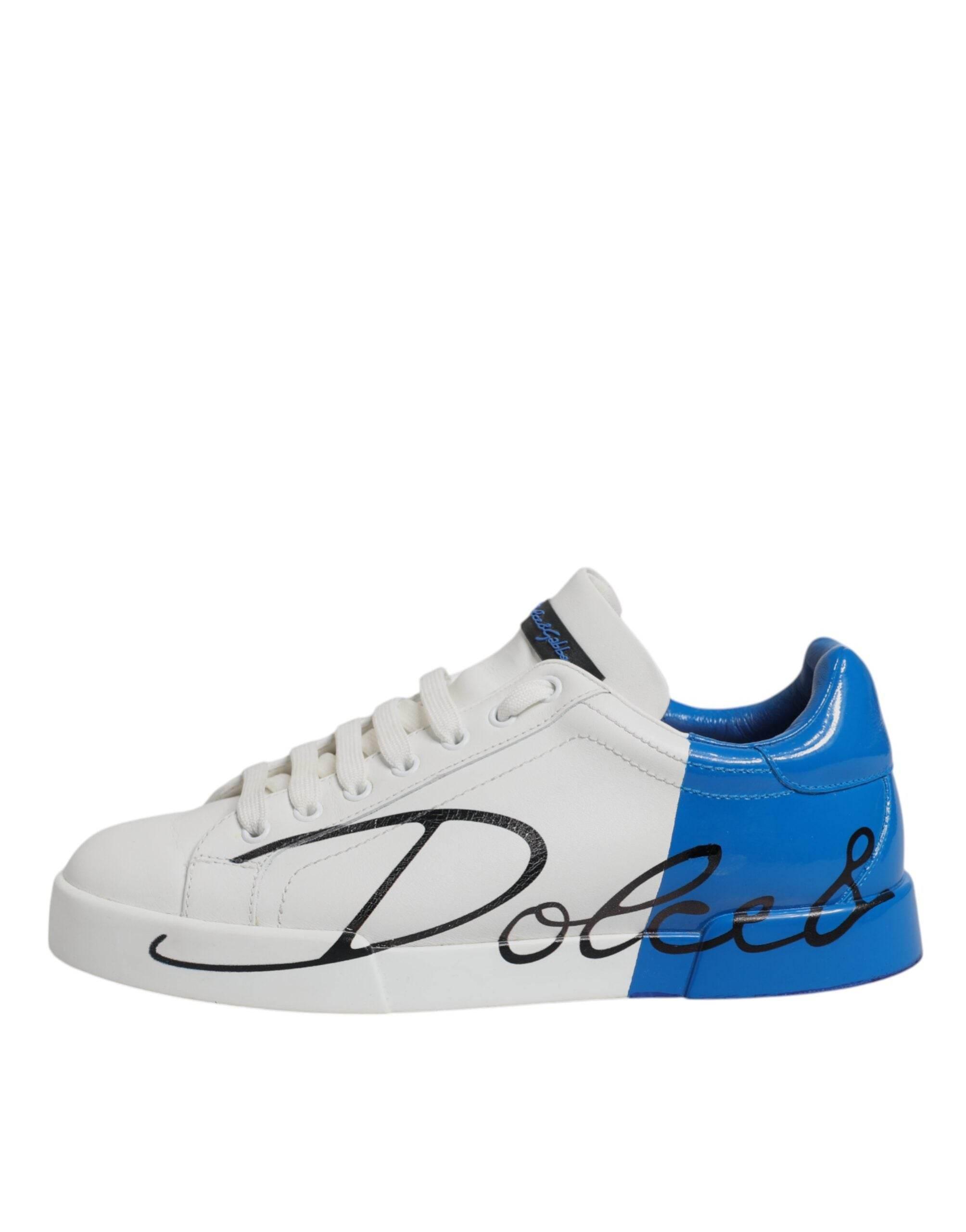 Dolce & Gabbana White Blue Logo Leather Portofino Sneaker Shoes - Hilstor