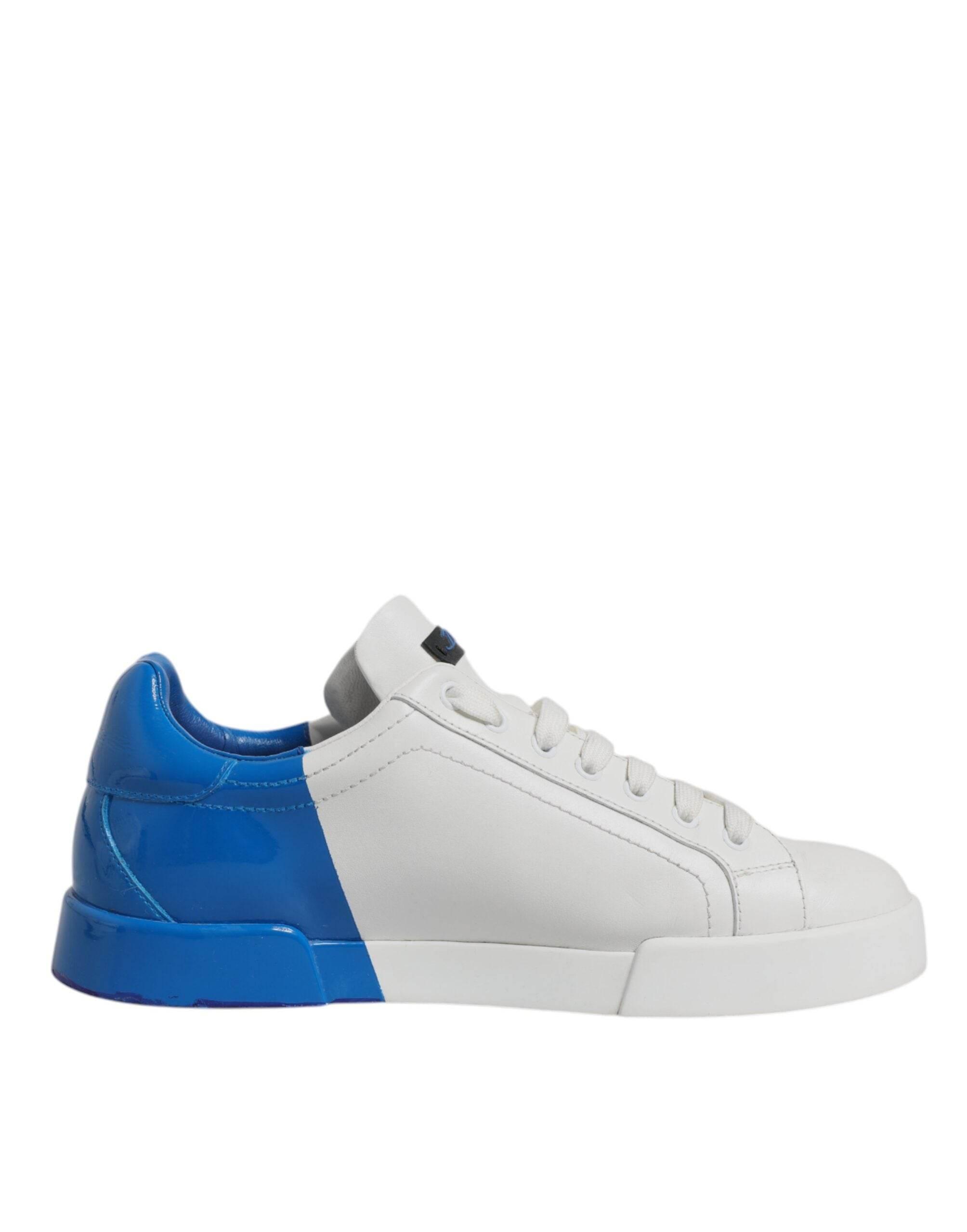 Dolce & Gabbana White Blue Logo Leather Portofino Sneaker Shoes - Hilstor