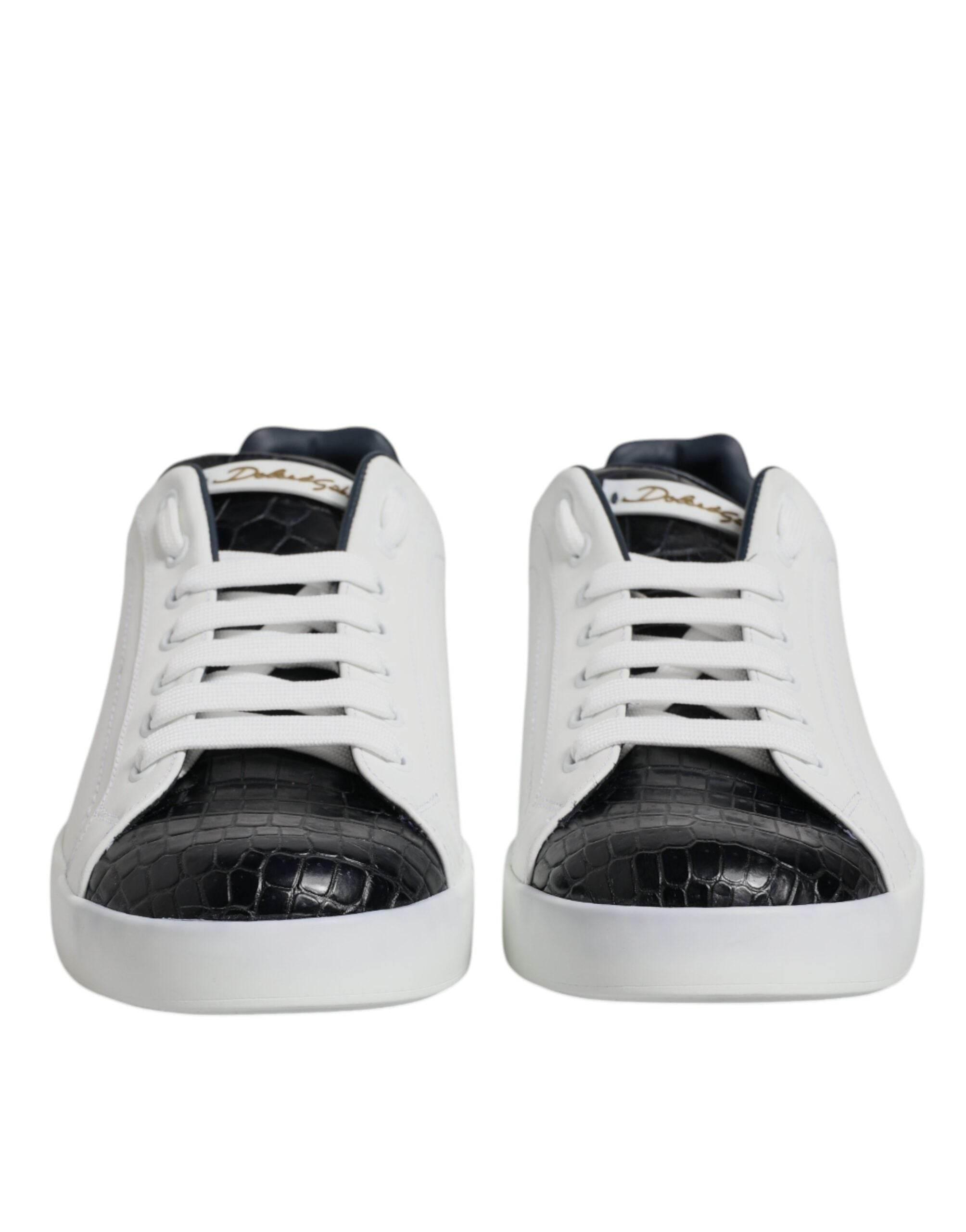Dolce & Gabbana White Black Leather Portofino Sneaker Shoes - Hilstor