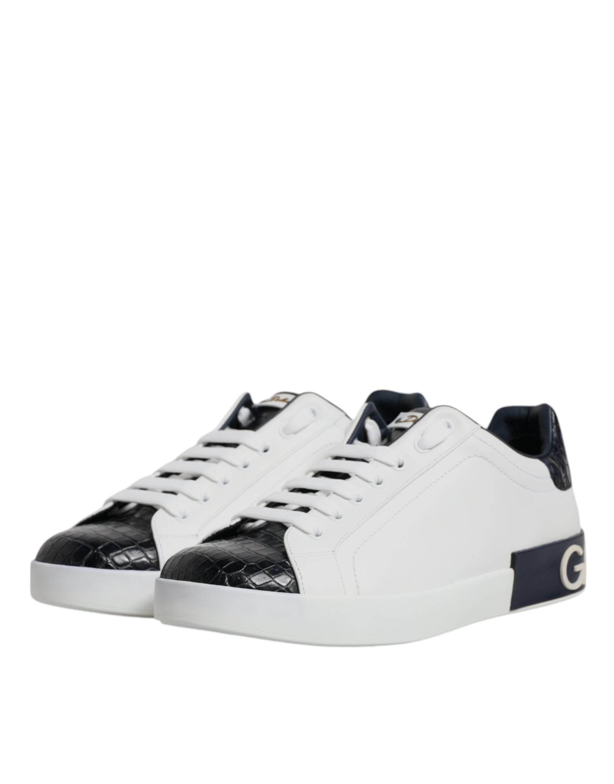 Dolce & Gabbana White Black Leather Portofino Sneaker Shoes - Hilstor
