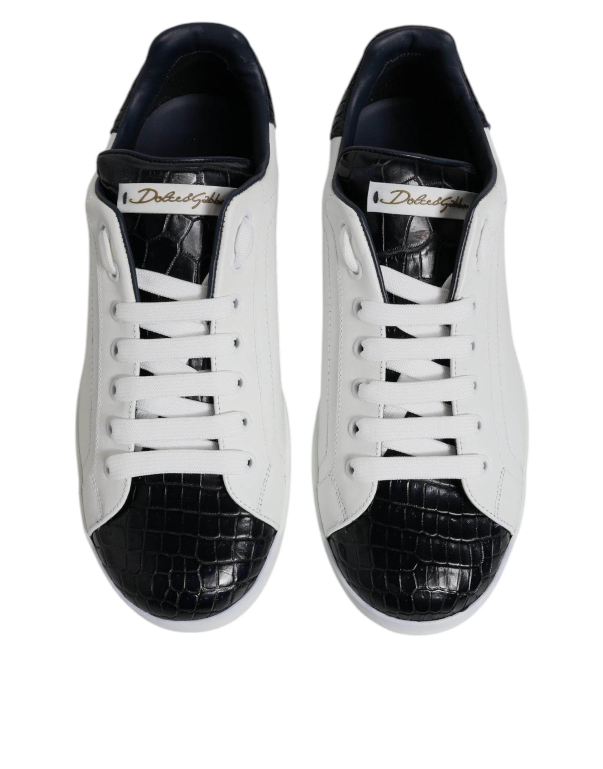Dolce & Gabbana White Black Leather Portofino Sneaker Shoes - Hilstor