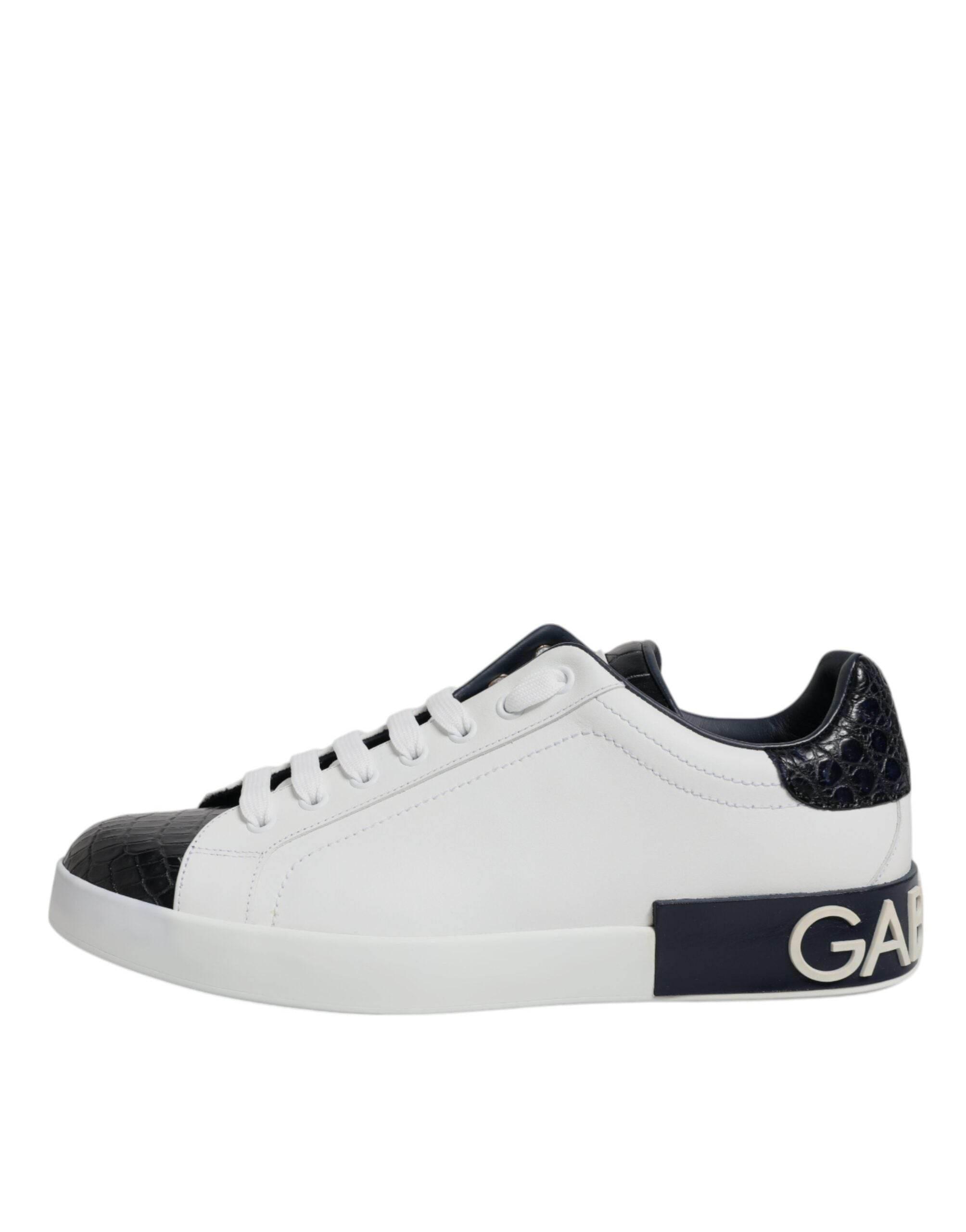Dolce & Gabbana White Black Leather Portofino Sneaker Shoes - Hilstor
