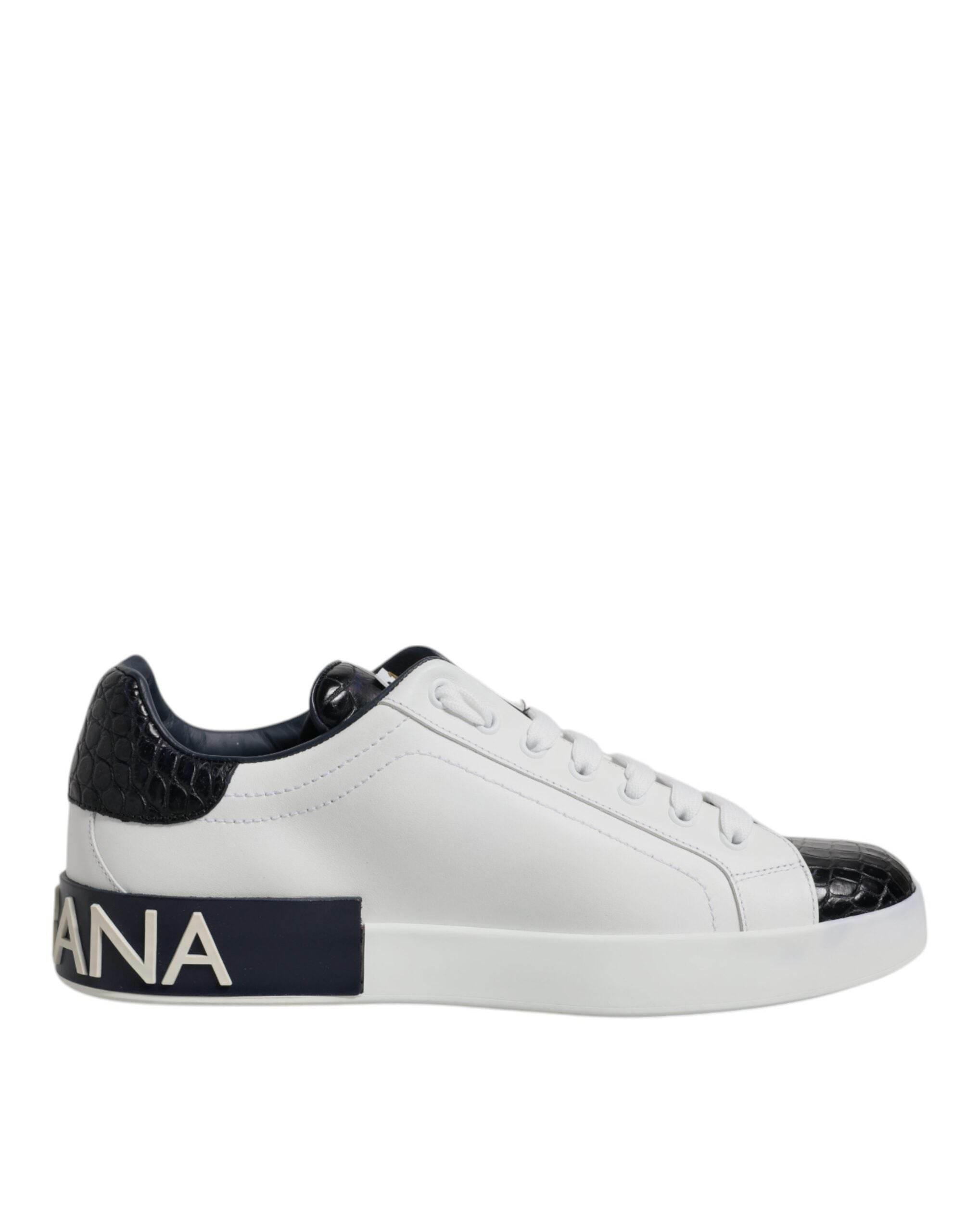 Dolce & Gabbana White Black Leather Portofino Sneaker Shoes - Hilstor