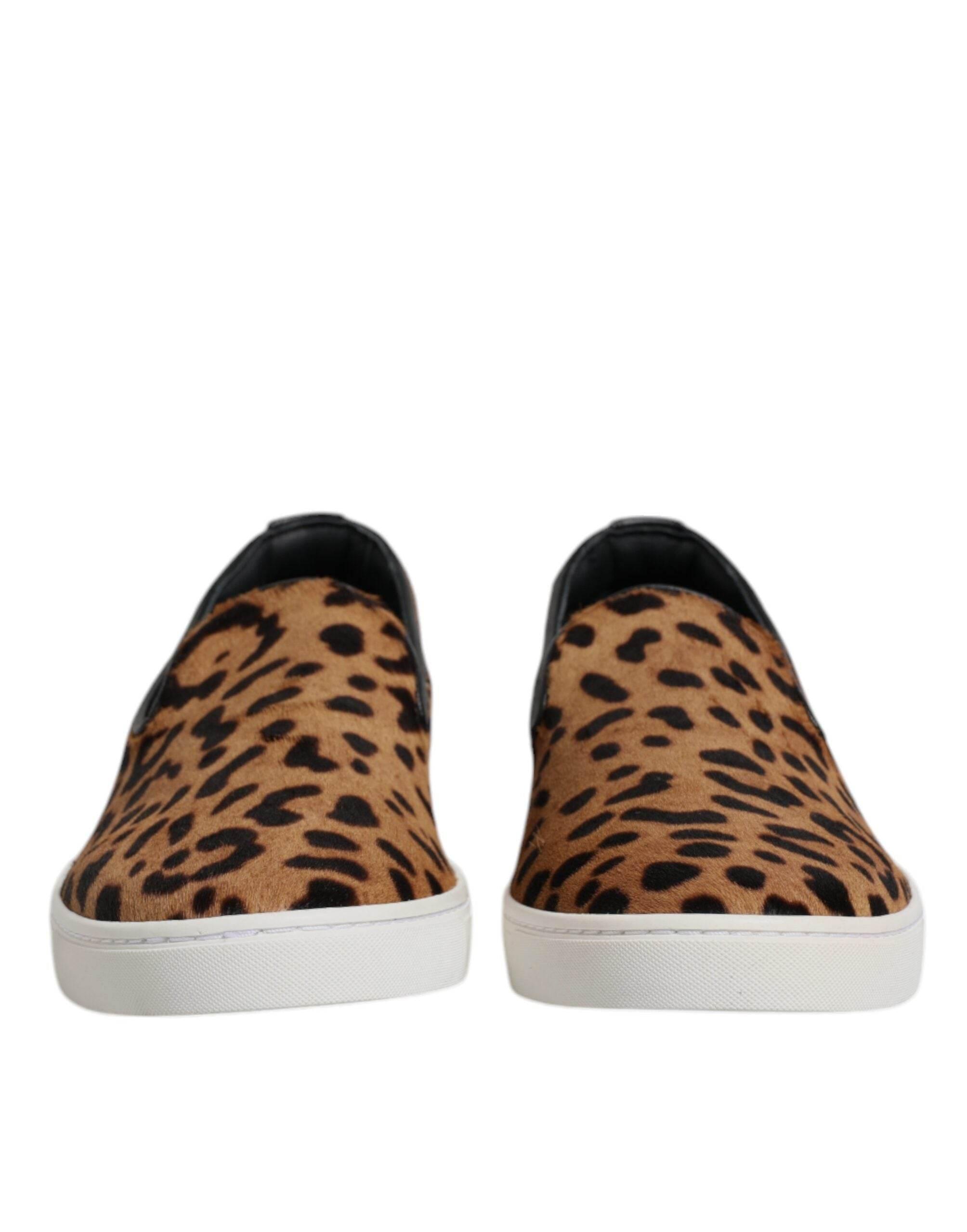 Dolce & Gabbana Brown Calfskin Fur Leopard Sneakers Shoes - Hilstor