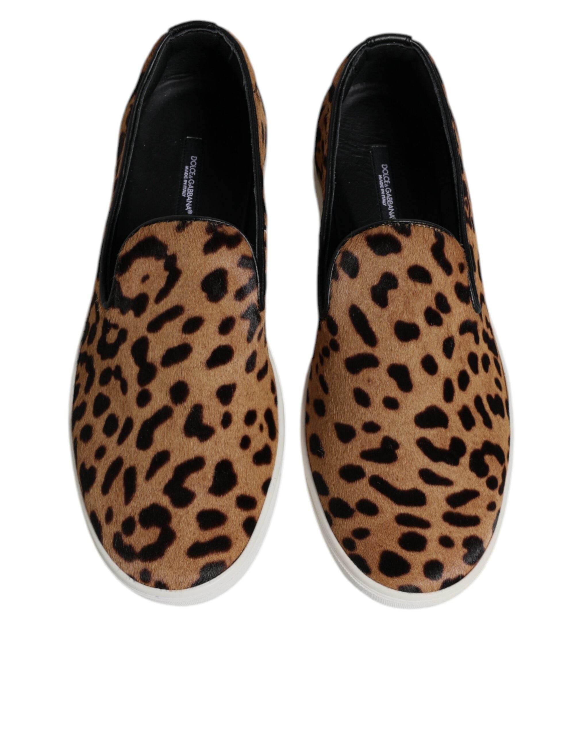 Dolce & Gabbana Brown Calfskin Fur Leopard Sneakers Shoes - Hilstor