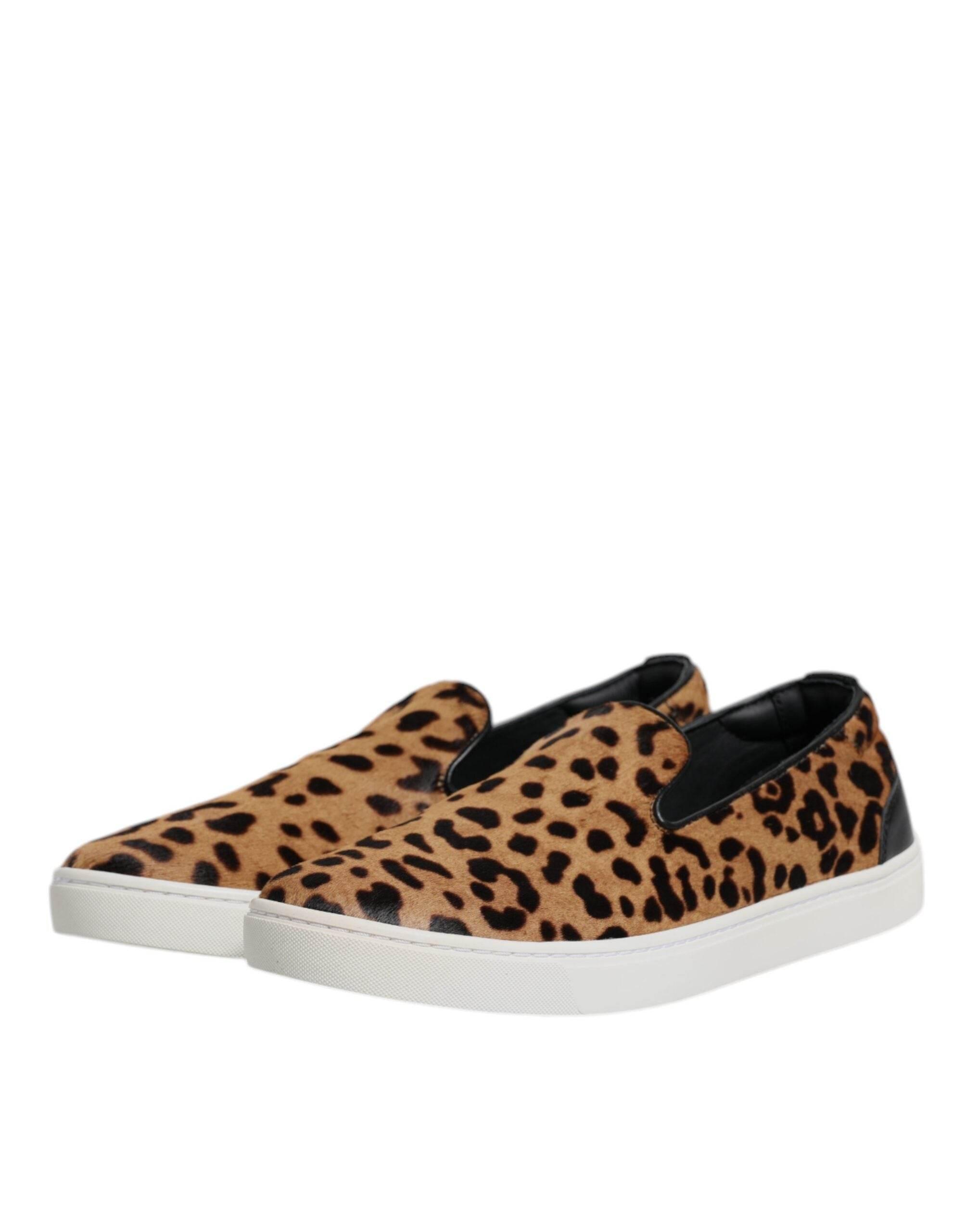 Dolce & Gabbana Brown Calfskin Fur Leopard Sneakers Shoes - Hilstor