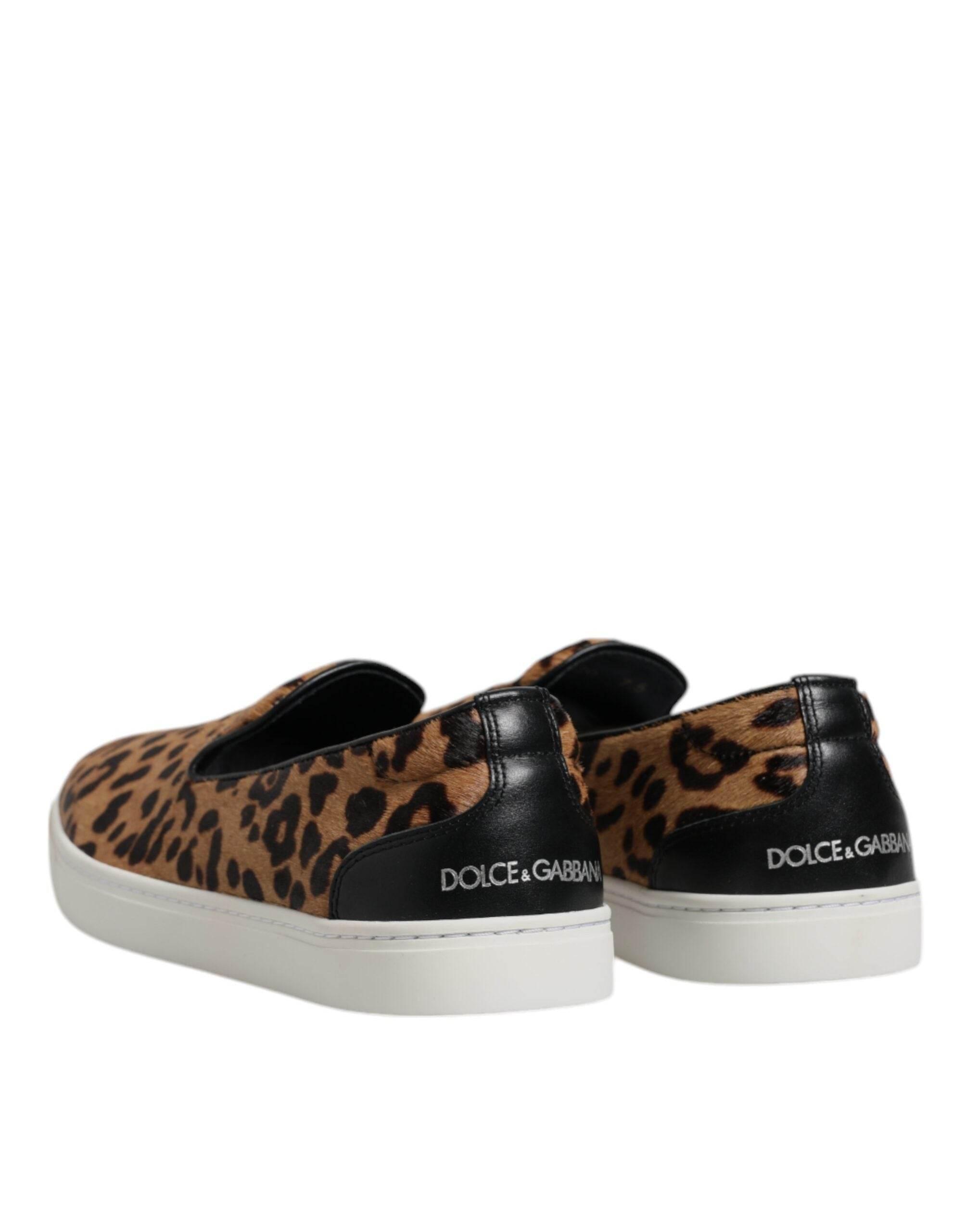Dolce & Gabbana Brown Calfskin Fur Leopard Sneakers Shoes - Hilstor