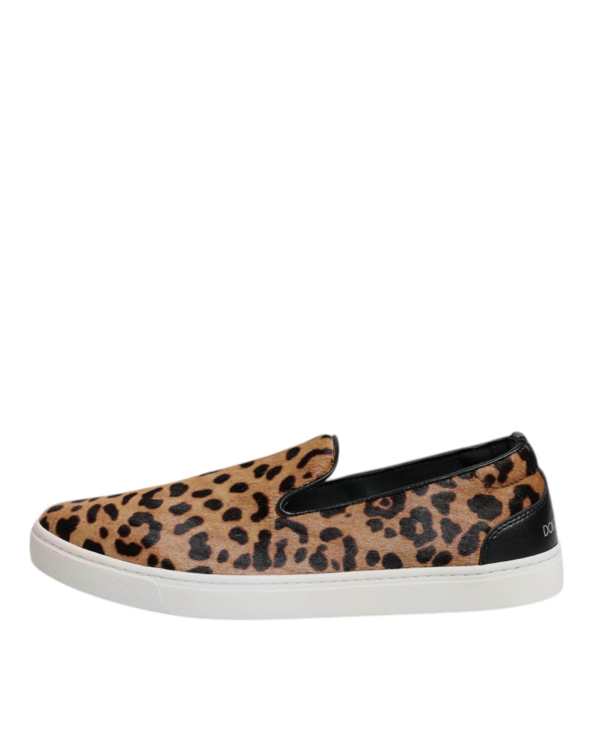 Dolce & Gabbana Brown Calfskin Fur Leopard Sneakers Shoes - Hilstor