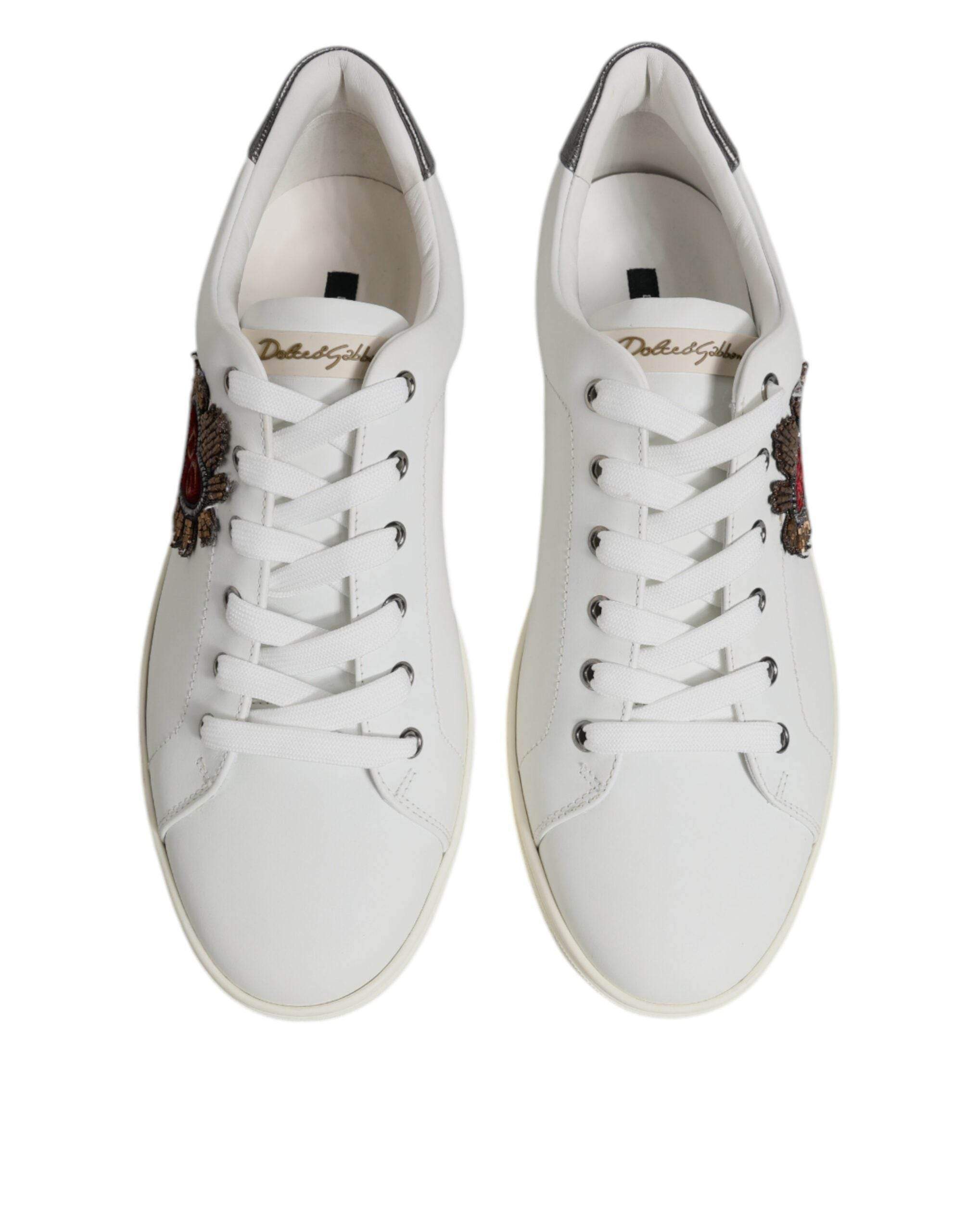 Dolce & Gabbana White Leather Heart Embellished Sneakers Shoes - Hilstor