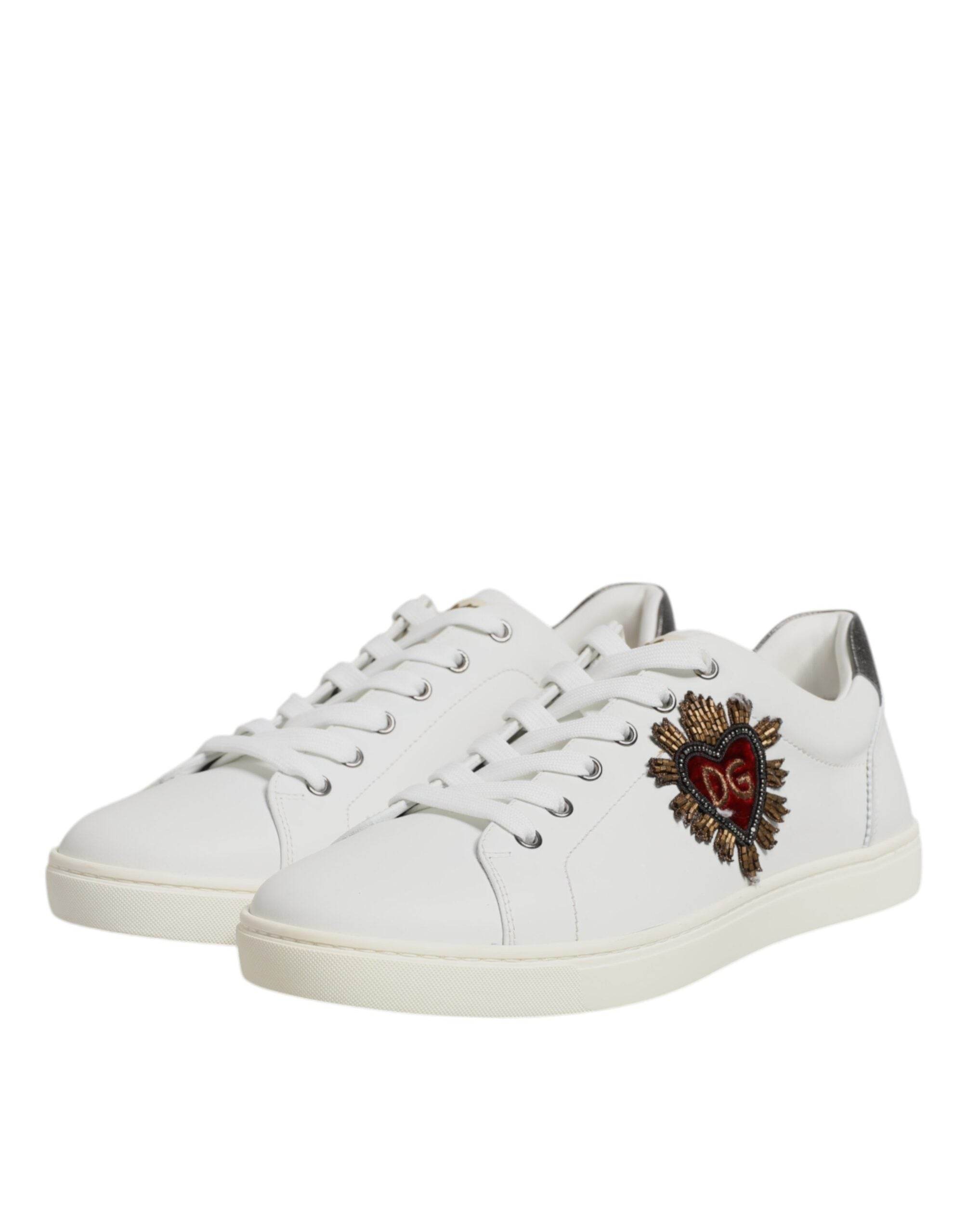 Dolce & Gabbana White Leather Heart Embellished Sneakers Shoes - Hilstor
