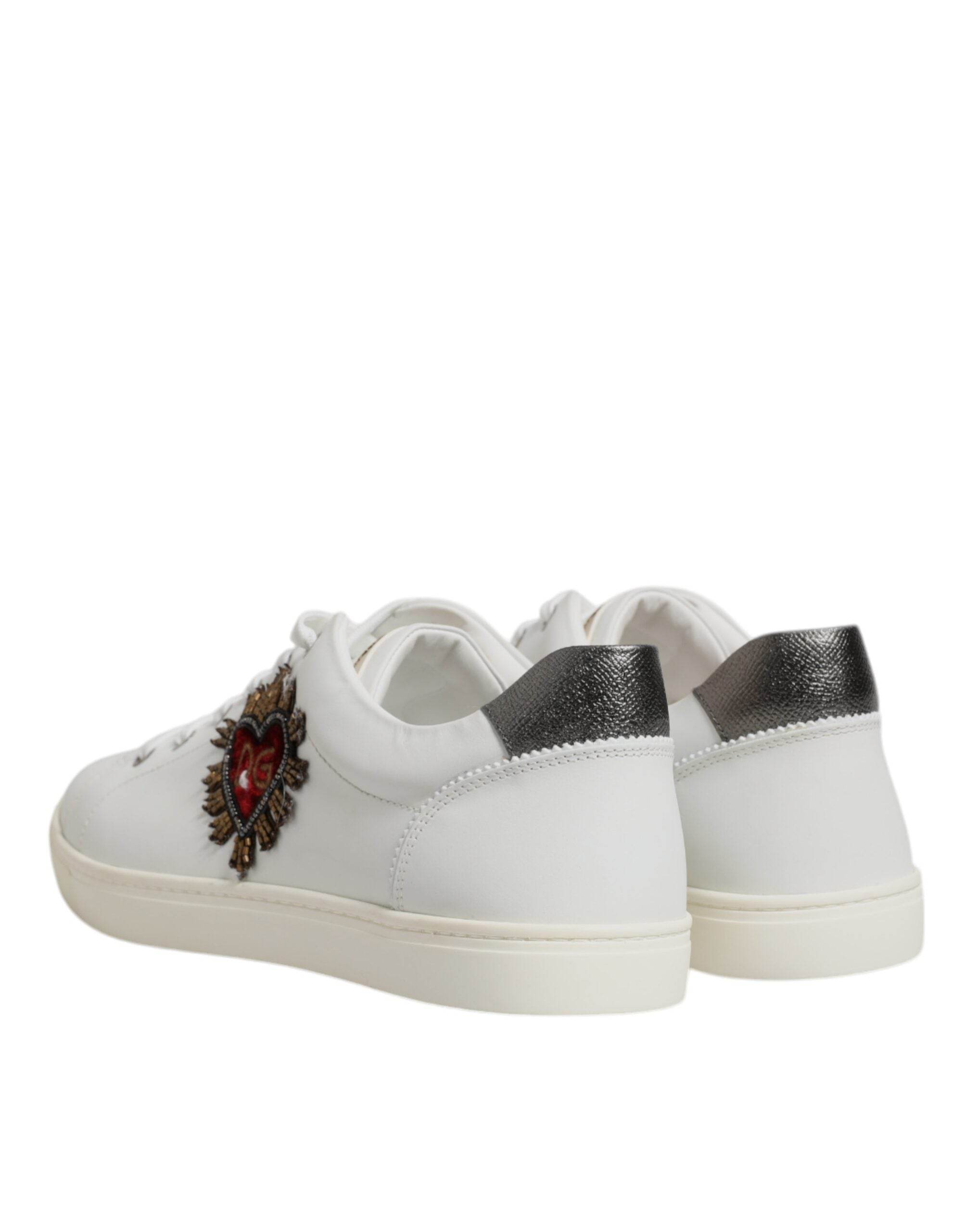 Dolce & Gabbana White Leather Heart Embellished Sneakers Shoes - Hilstor