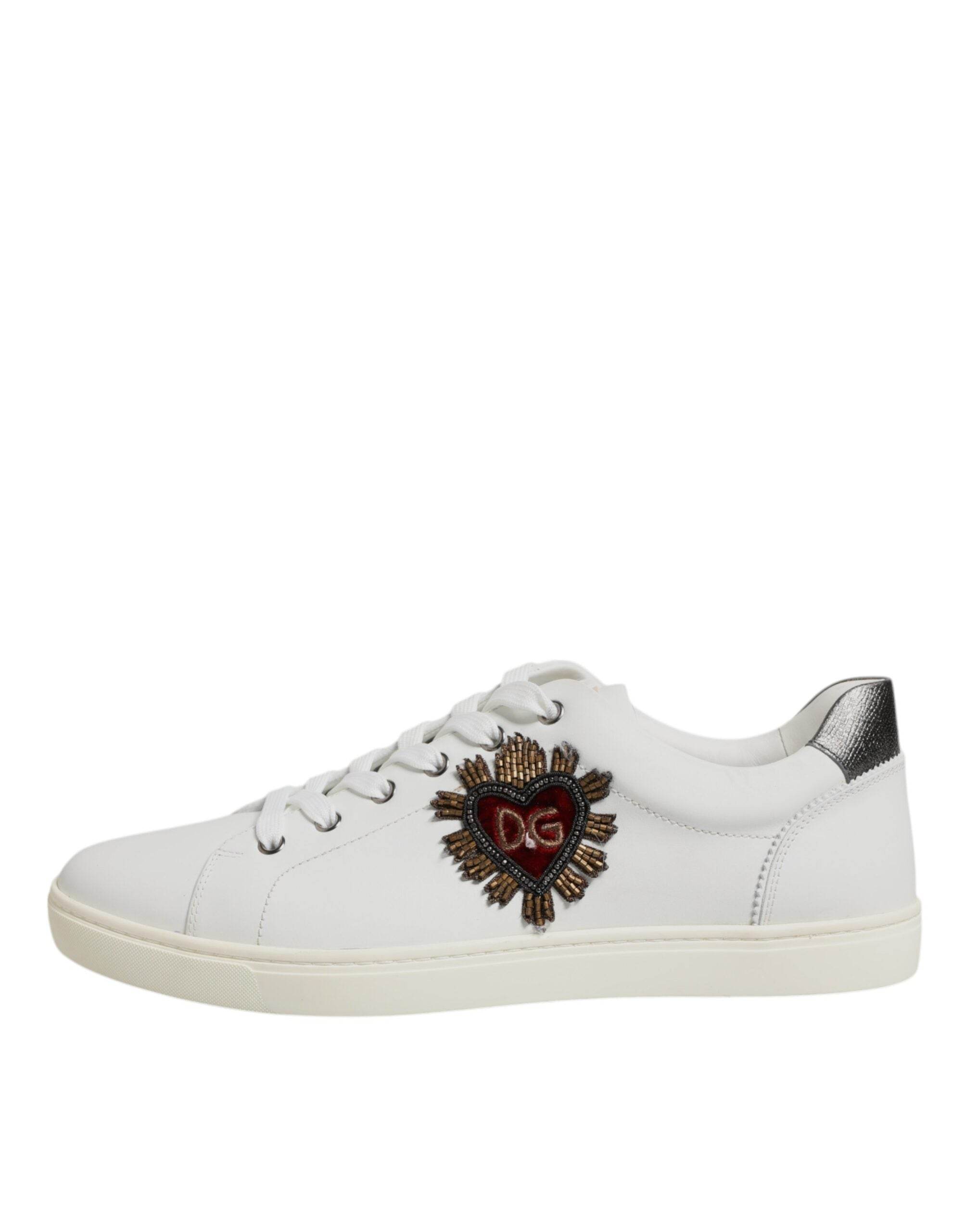 Dolce & Gabbana White Leather Heart Embellished Sneakers Shoes - Hilstor