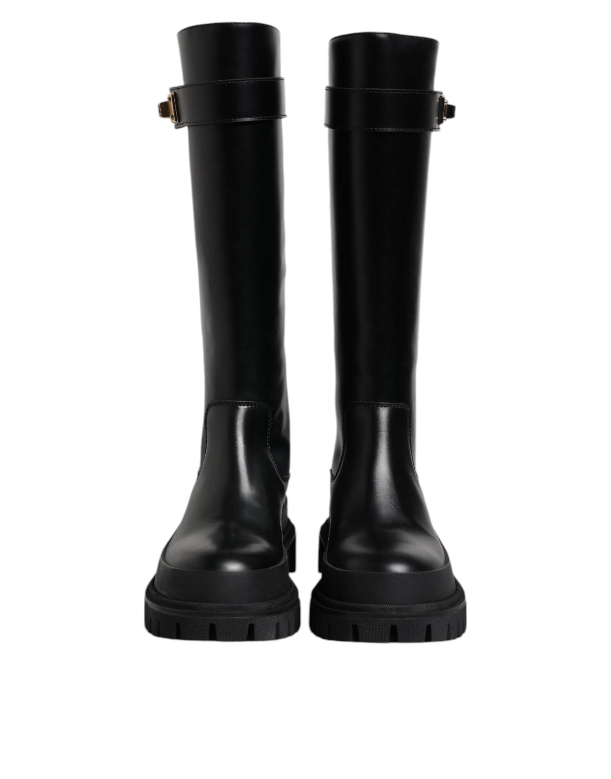 Dolce & Gabbana Black DG Logo Calf Leather High Boots Shoes - Hilstor