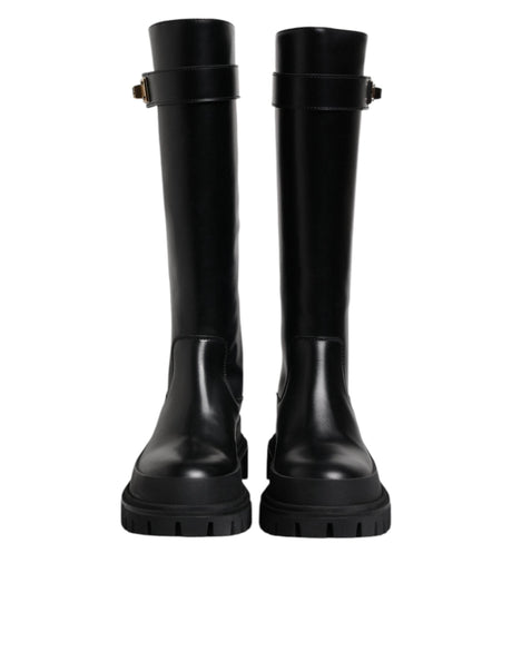 Dolce & Gabbana Black DG Logo Calf Leather High Boots Shoes - Hilstor