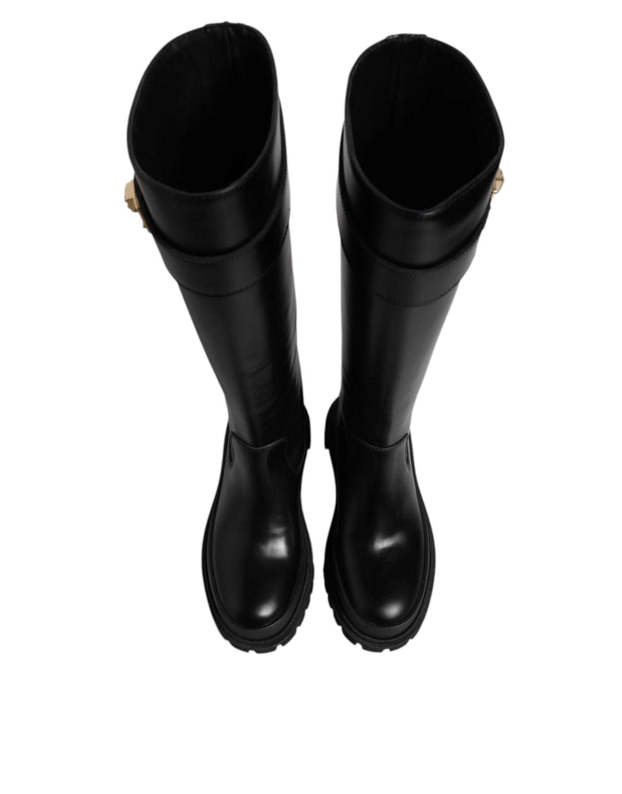 Dolce & Gabbana Black DG Logo Calf Leather High Boots Shoes - Hilstor