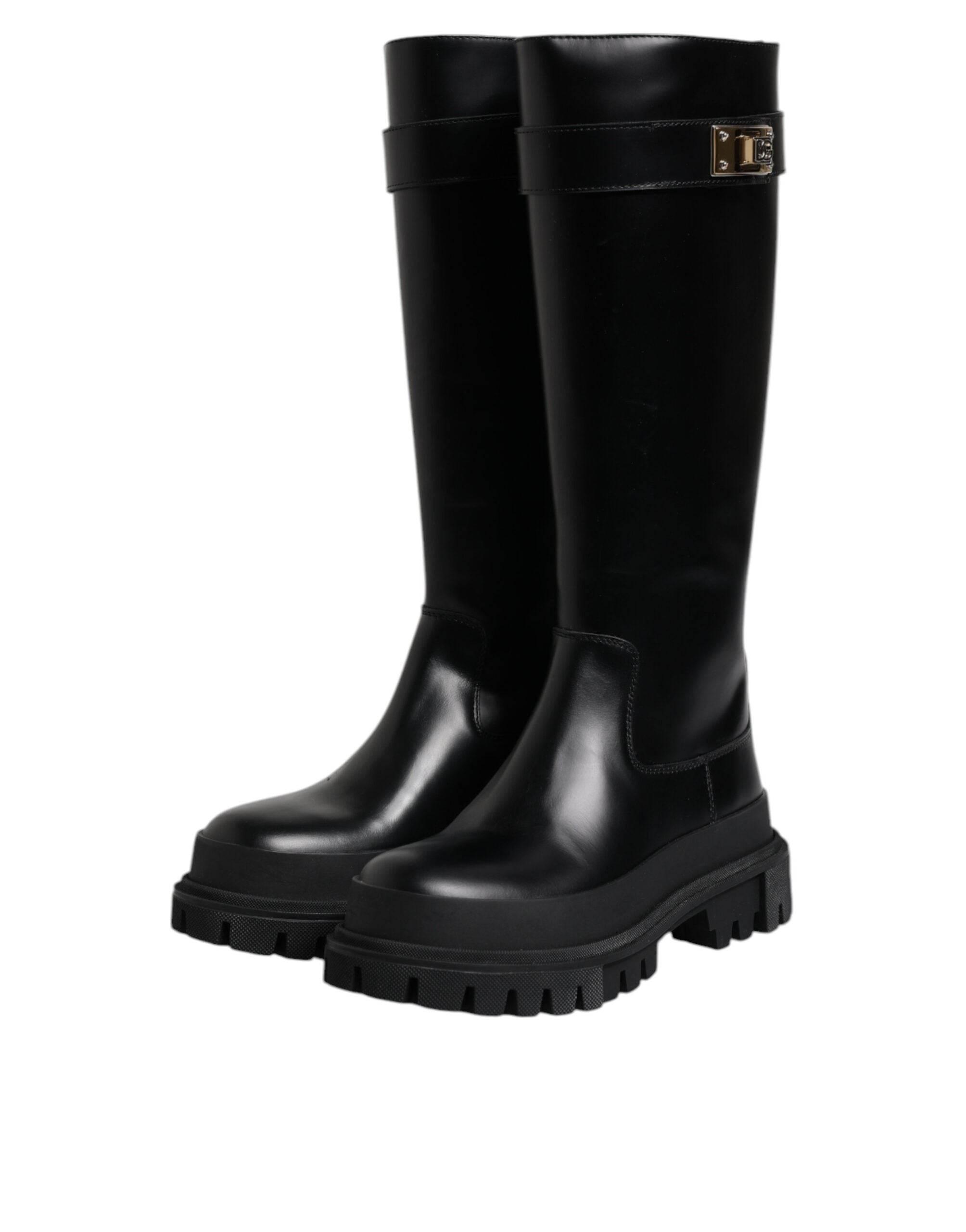 Dolce & Gabbana Black DG Logo Calf Leather High Boots Shoes - Hilstor