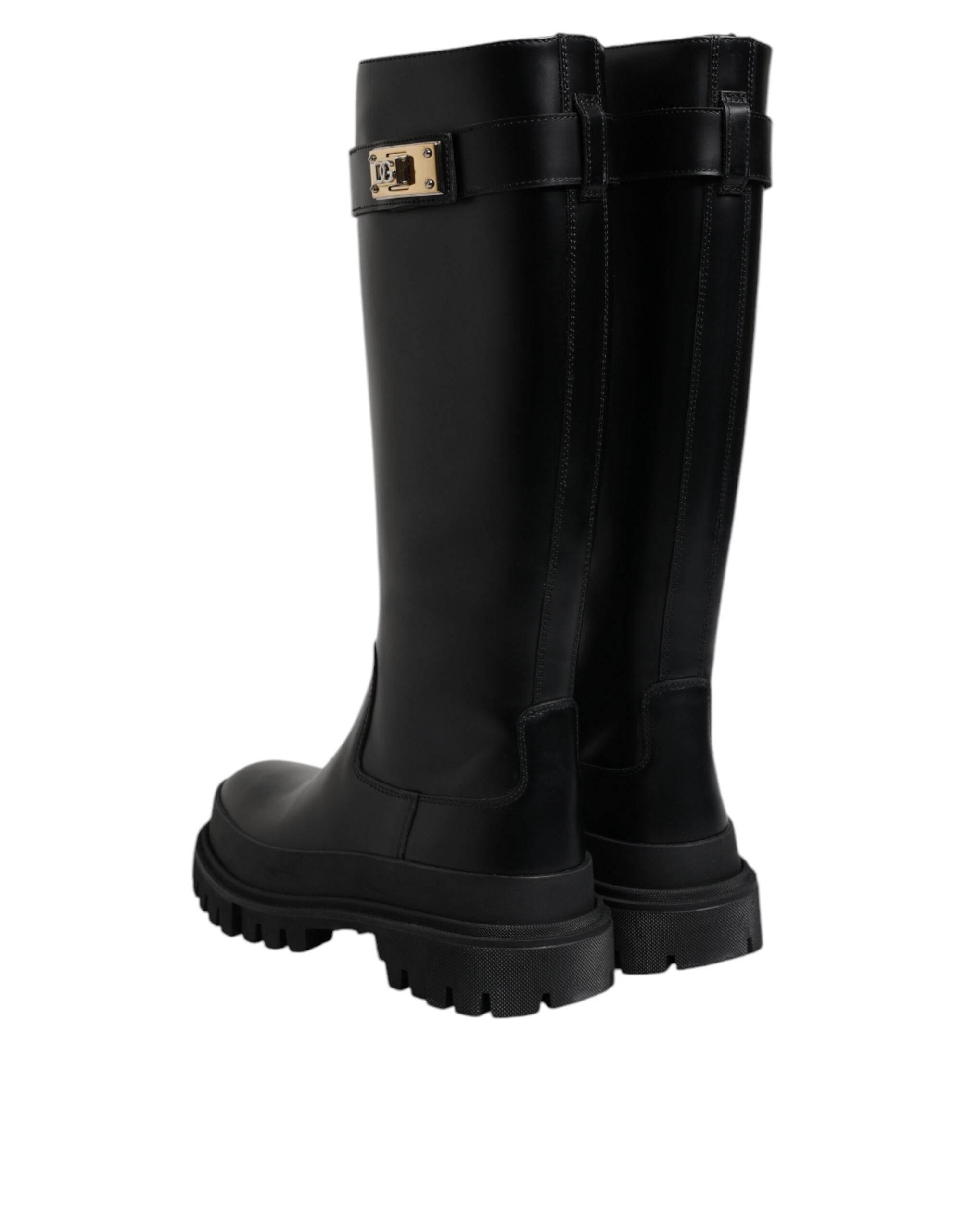 Dolce & Gabbana Black DG Logo Calf Leather High Boots Shoes - Hilstor